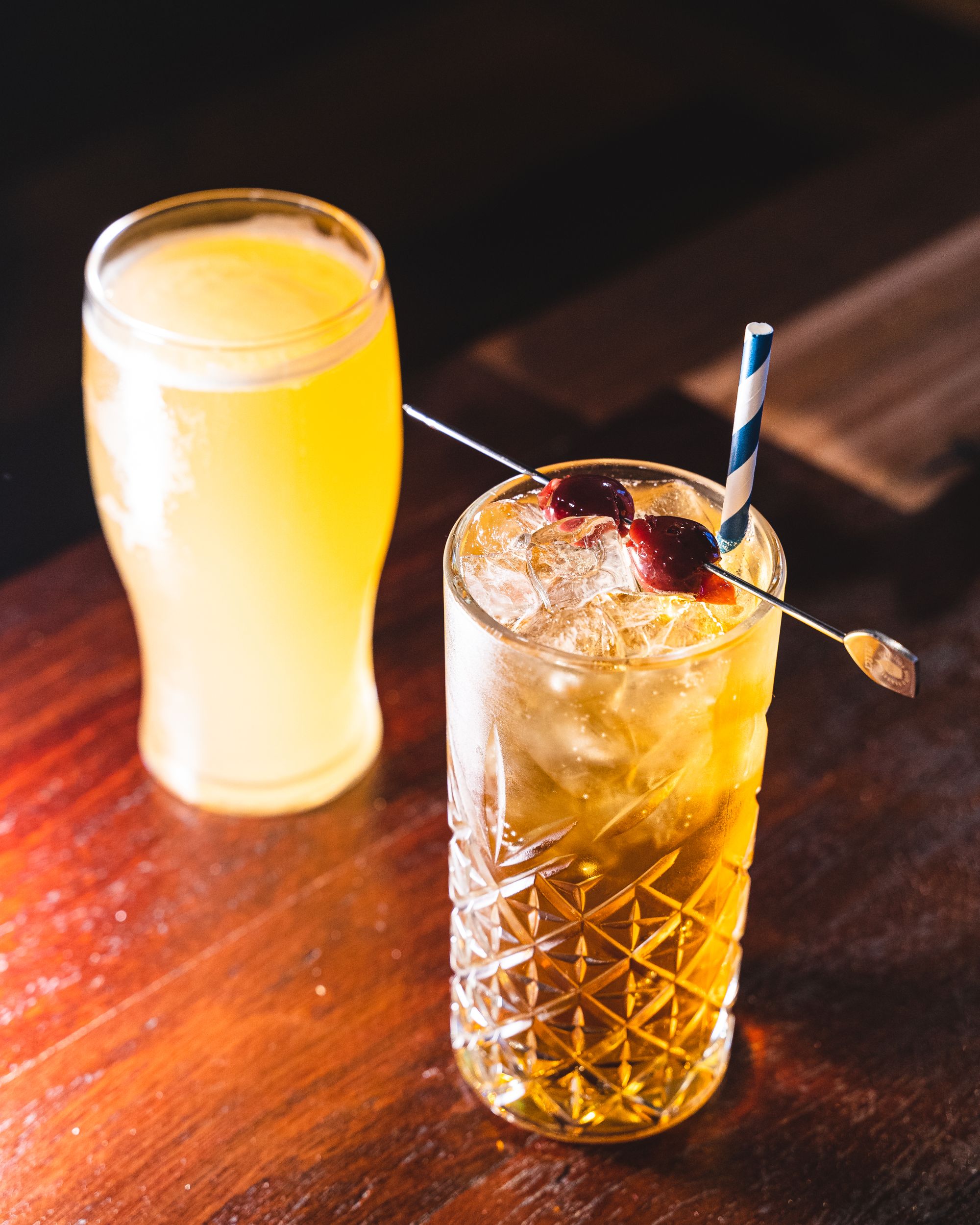 Close up shot of a beer and mocktail