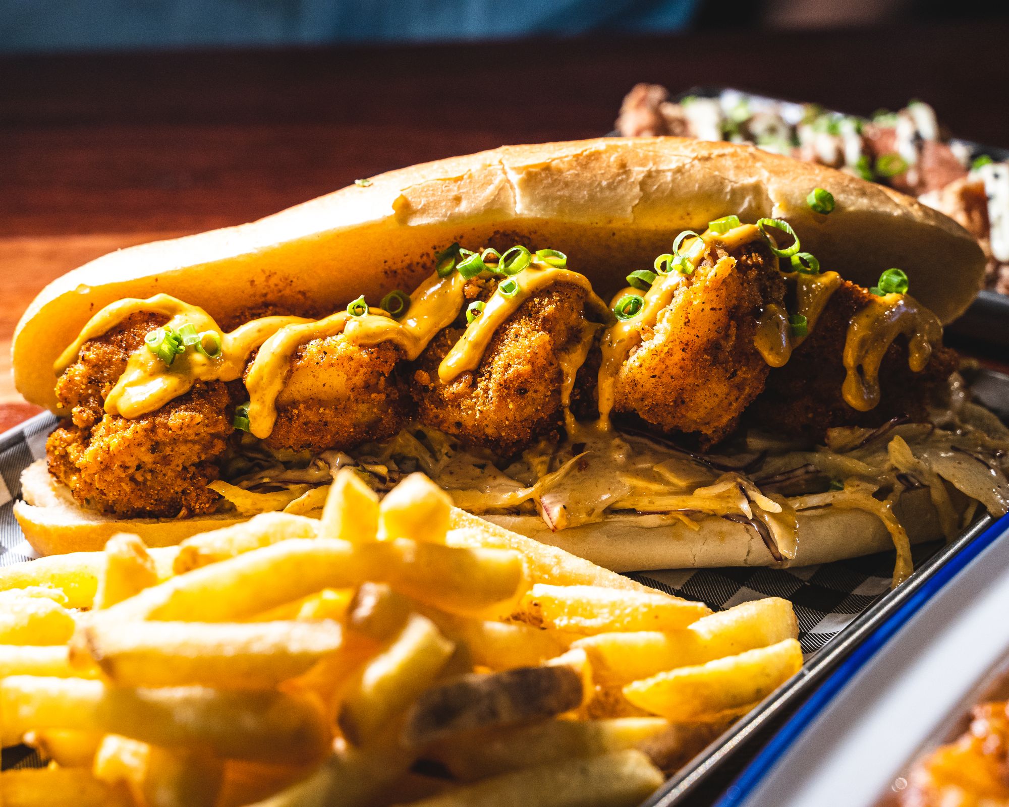 Prawn po-boy, oozing with creamy remoulade.