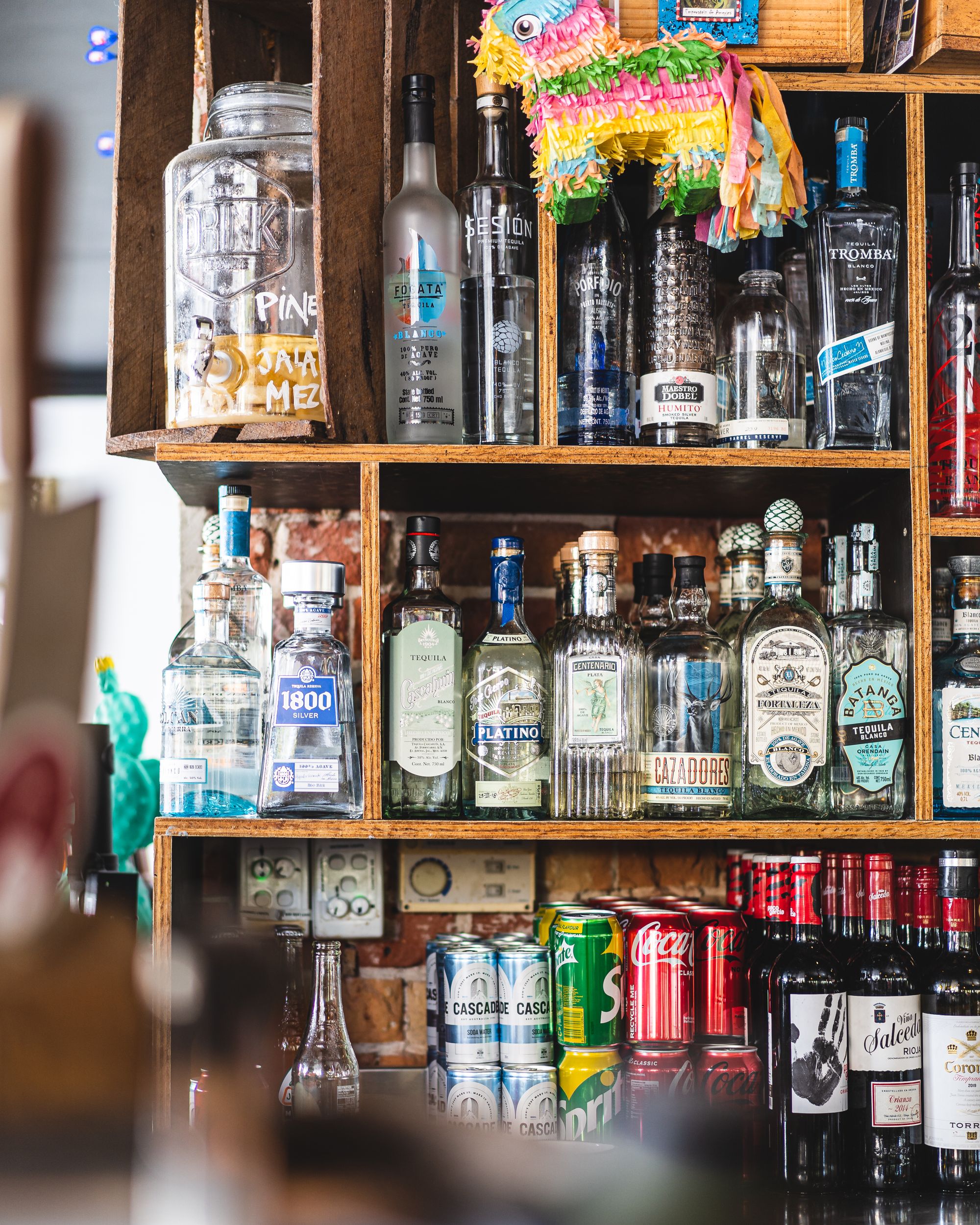 Alcoholic spirits on a shelf