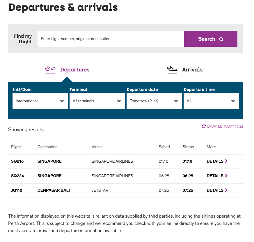 A screenshot showing international departure times at Perth Airport