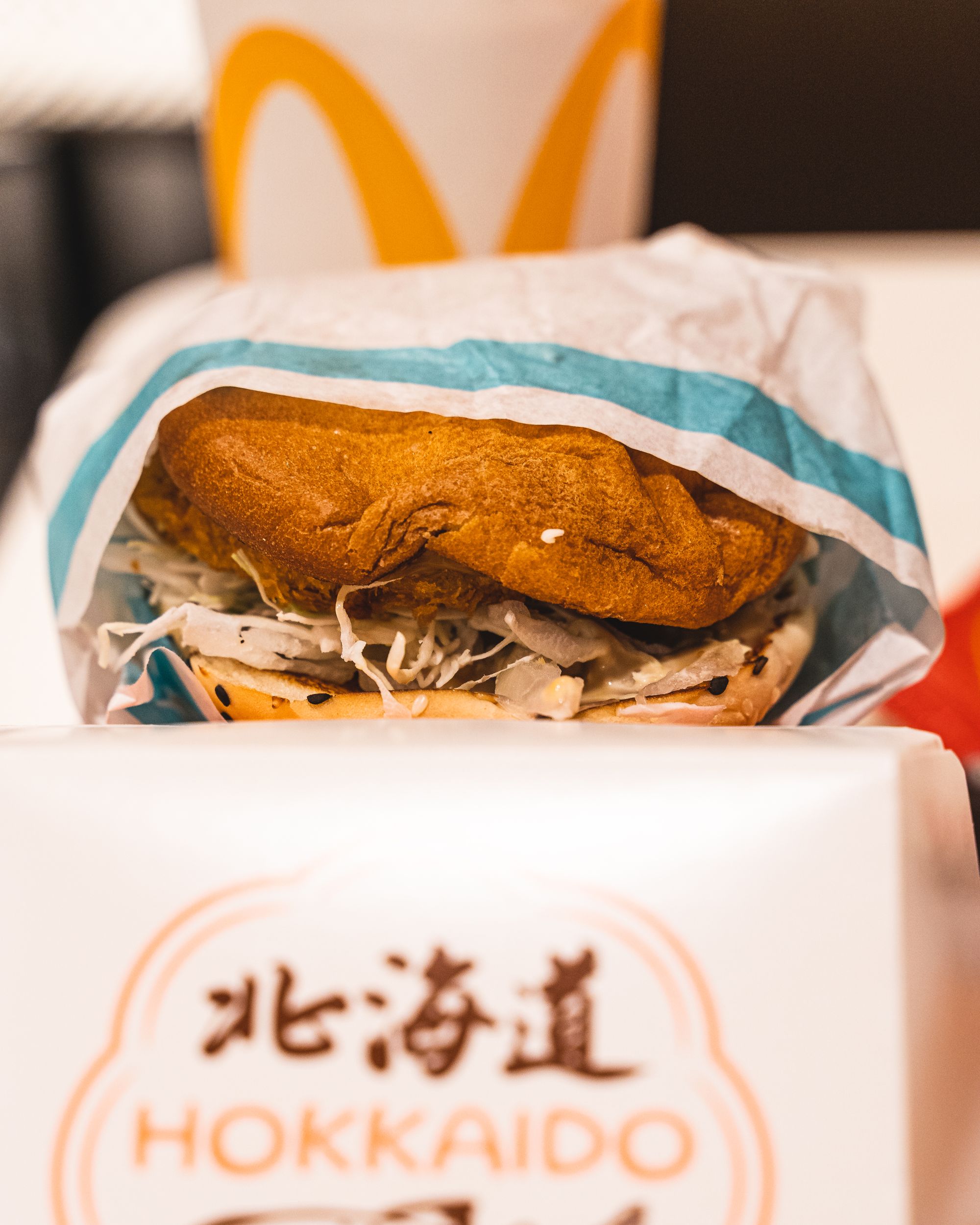 Burger placed above a box that says "Hokkaido"