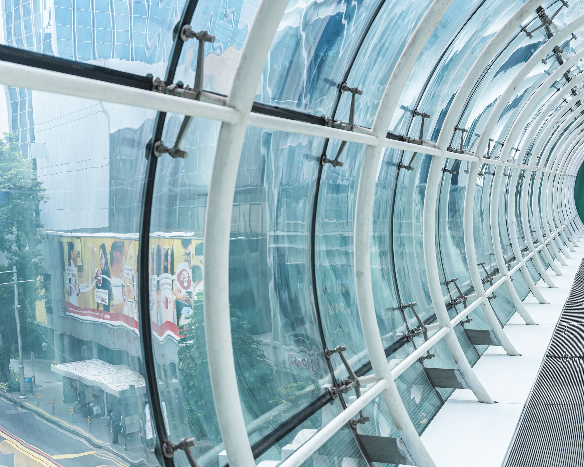 Wide angle shot of "The Tube" in Singapore's curved beams