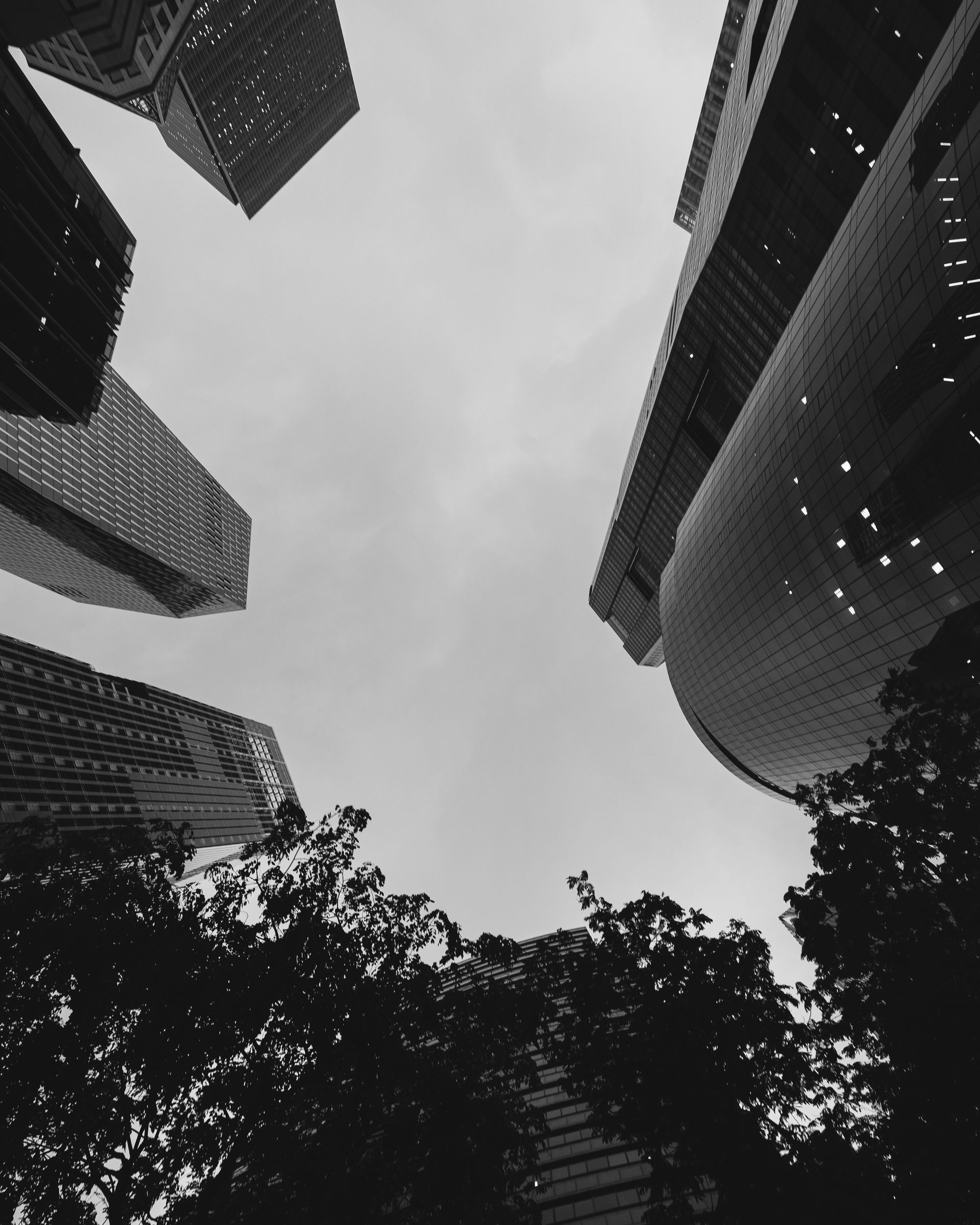 Wide shot looking up to skyscrapers