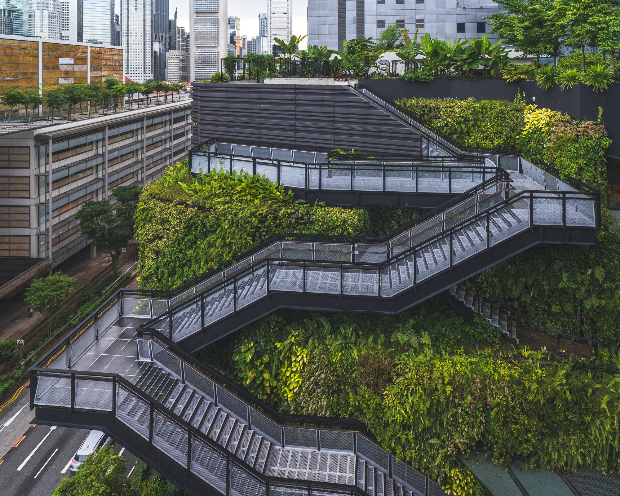 Wide shot of a winding metal staircase outside with three flights of stairs and lots of greenery surrounding it