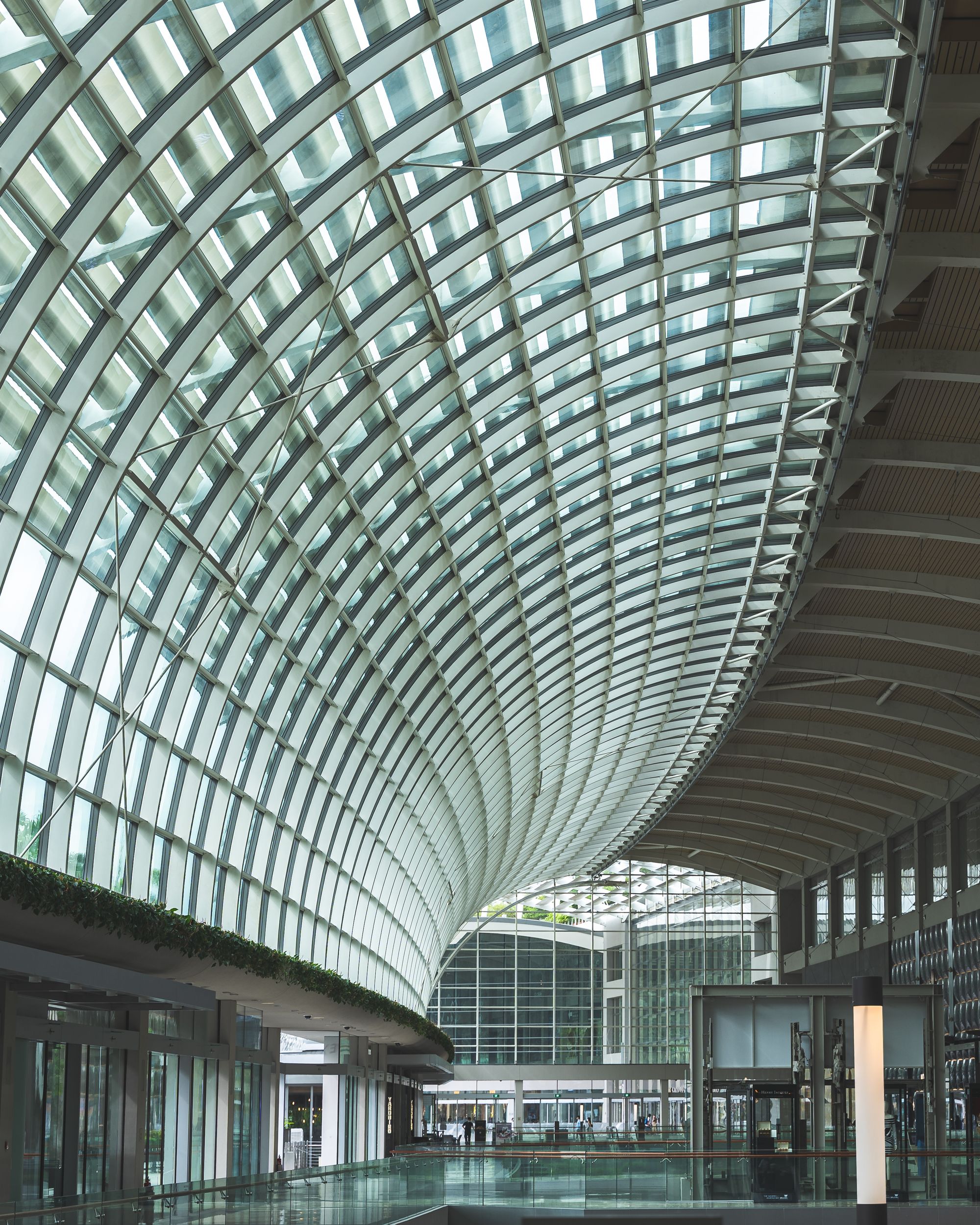 Inside of Marina Bay Sands Shoppes with a sweeping roof