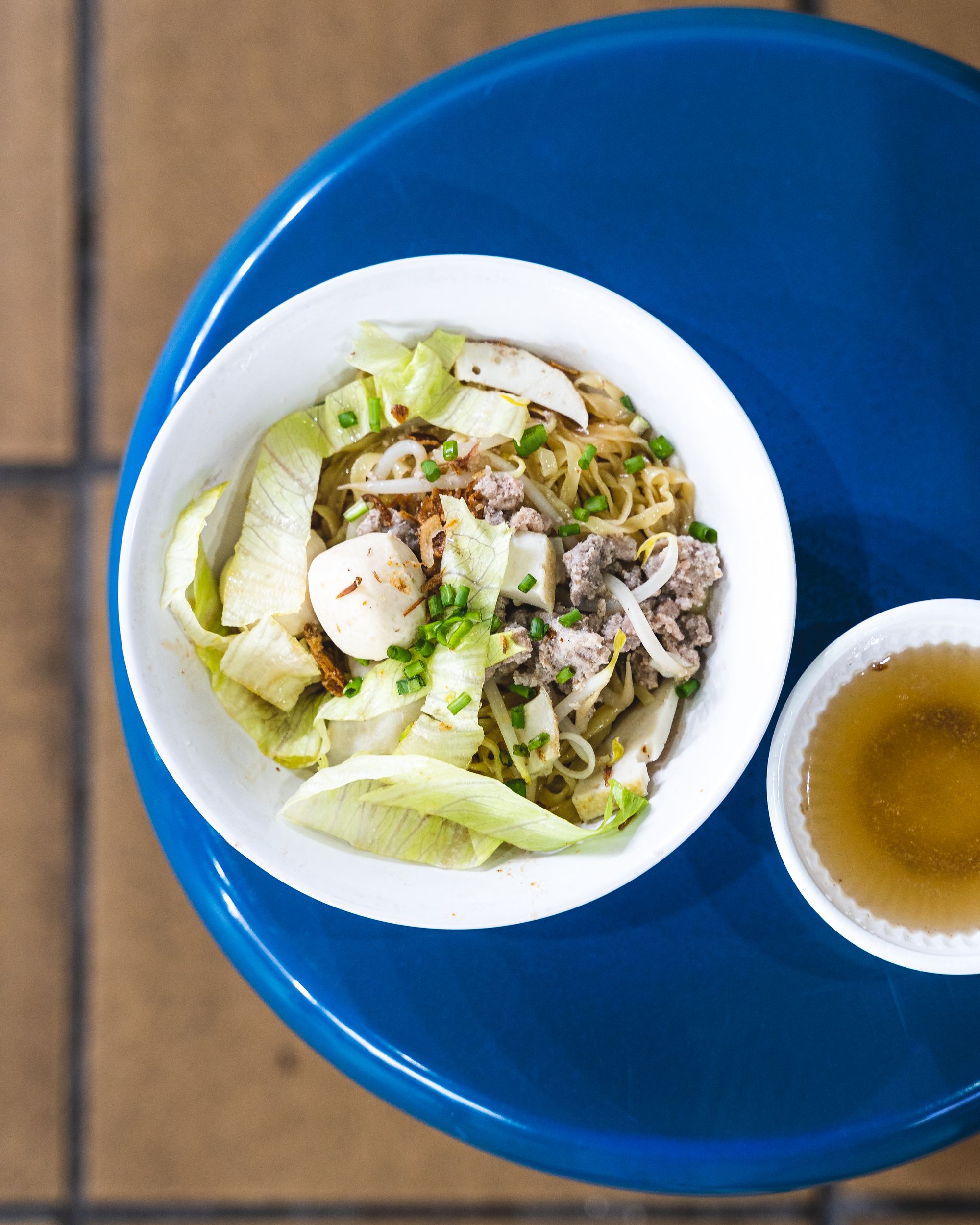 Bowl of minced meat noodles with fish balls