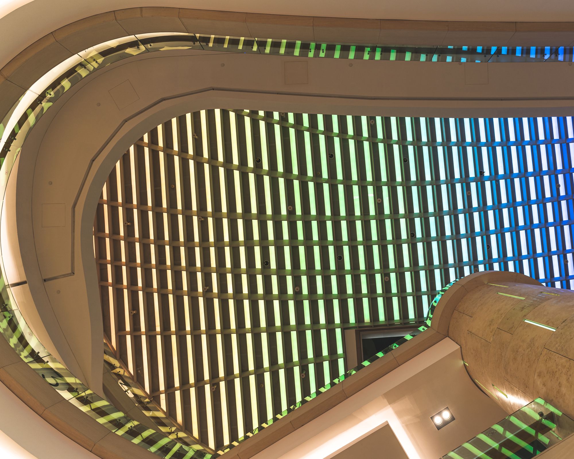 A shopping mall roof with coloured LEDs