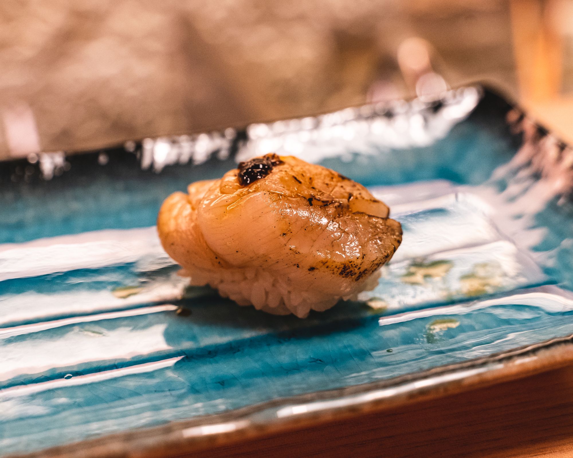 Close up of Japanese scallop nigiri