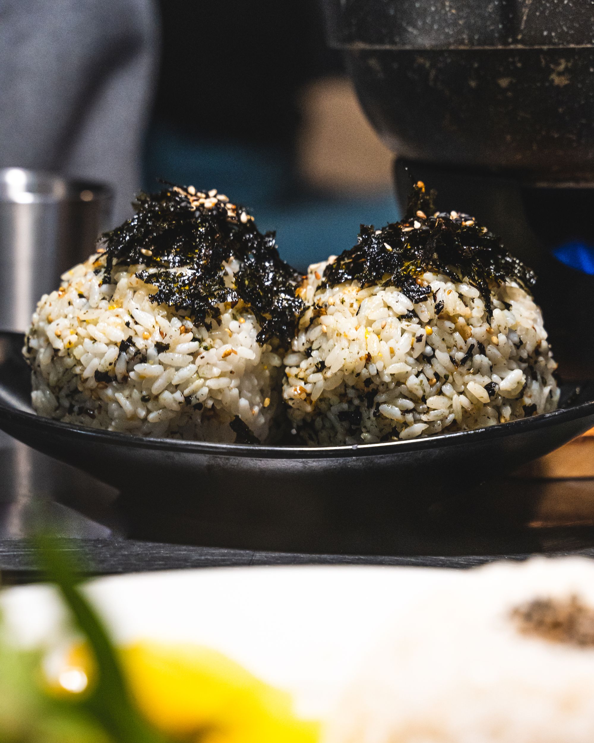 Close up of two large Korean rice balls