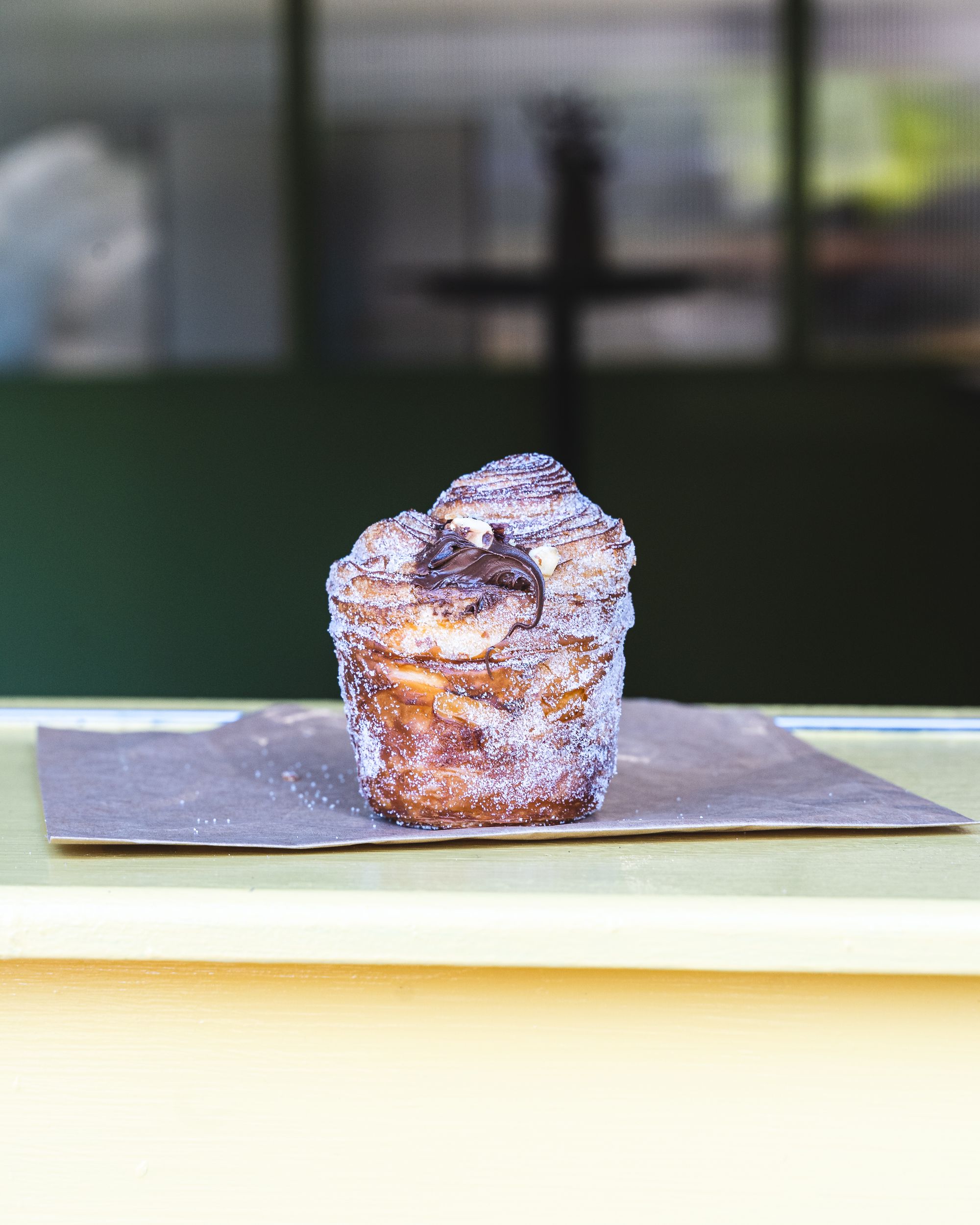 Close up of Nutella cruffin with nutella on the top