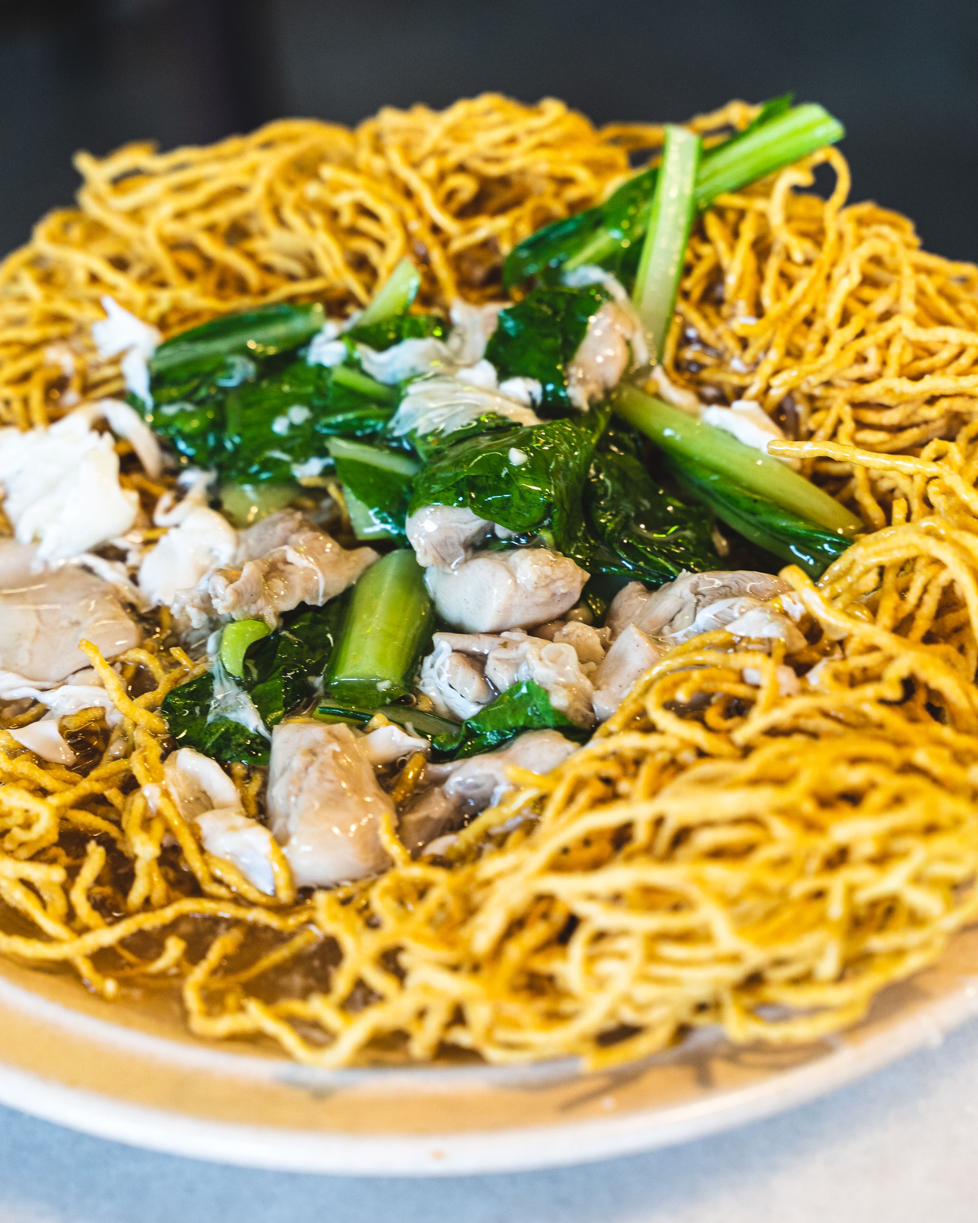 Detailed shot of crispy chow mein noodles showing chicken and vegetables