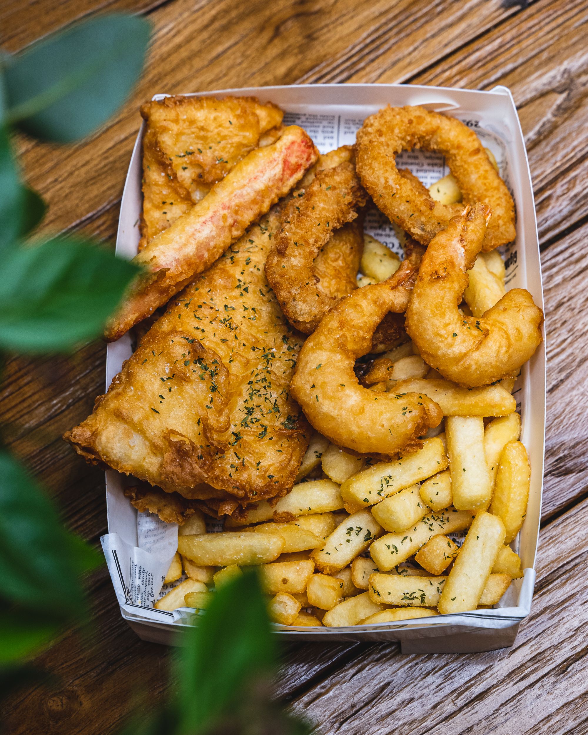 Fish and chips in a square box