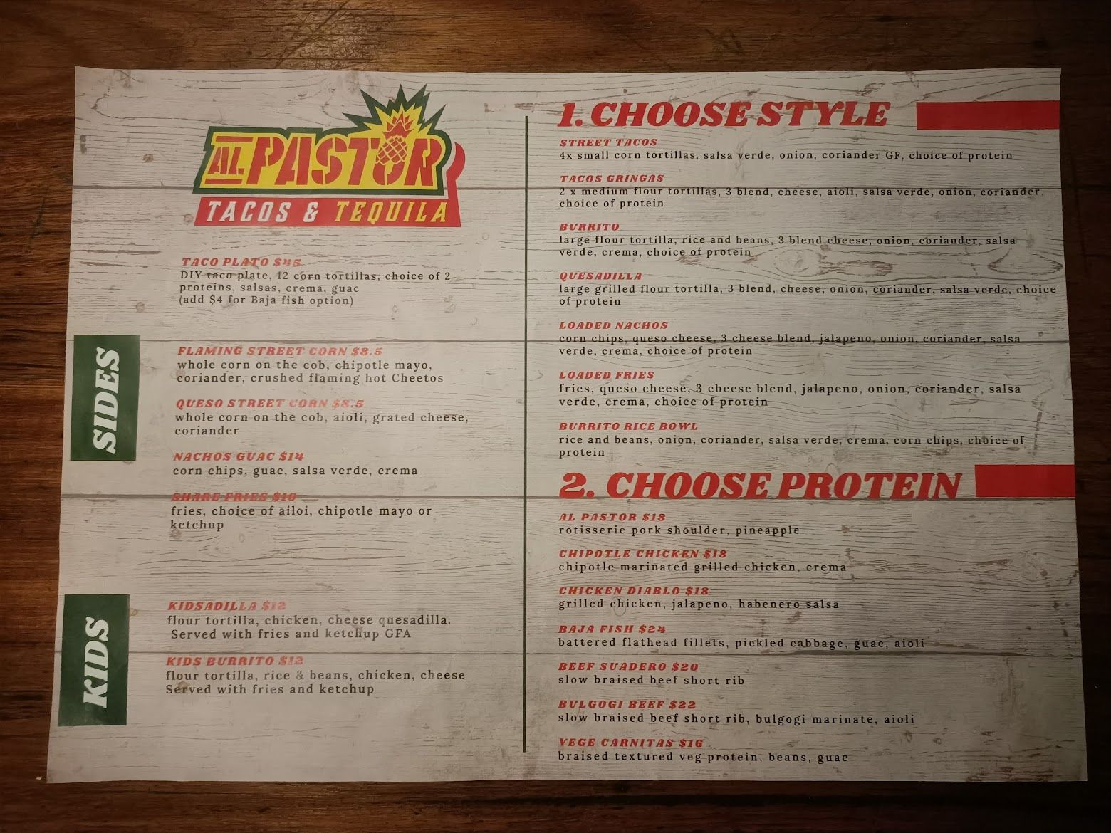 Al Pastor's menu