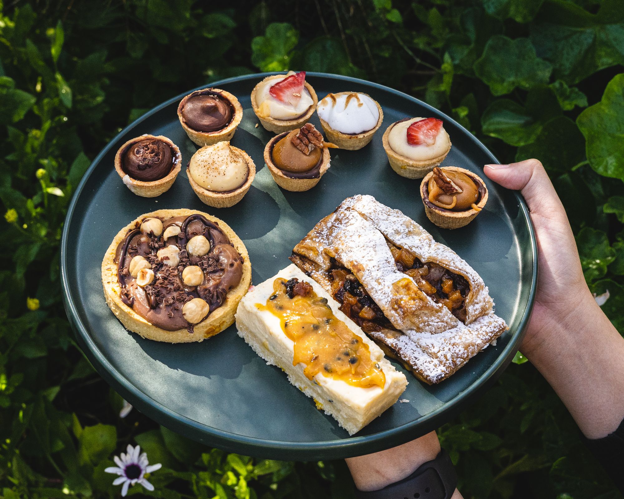 Hand holding a plate of pastries