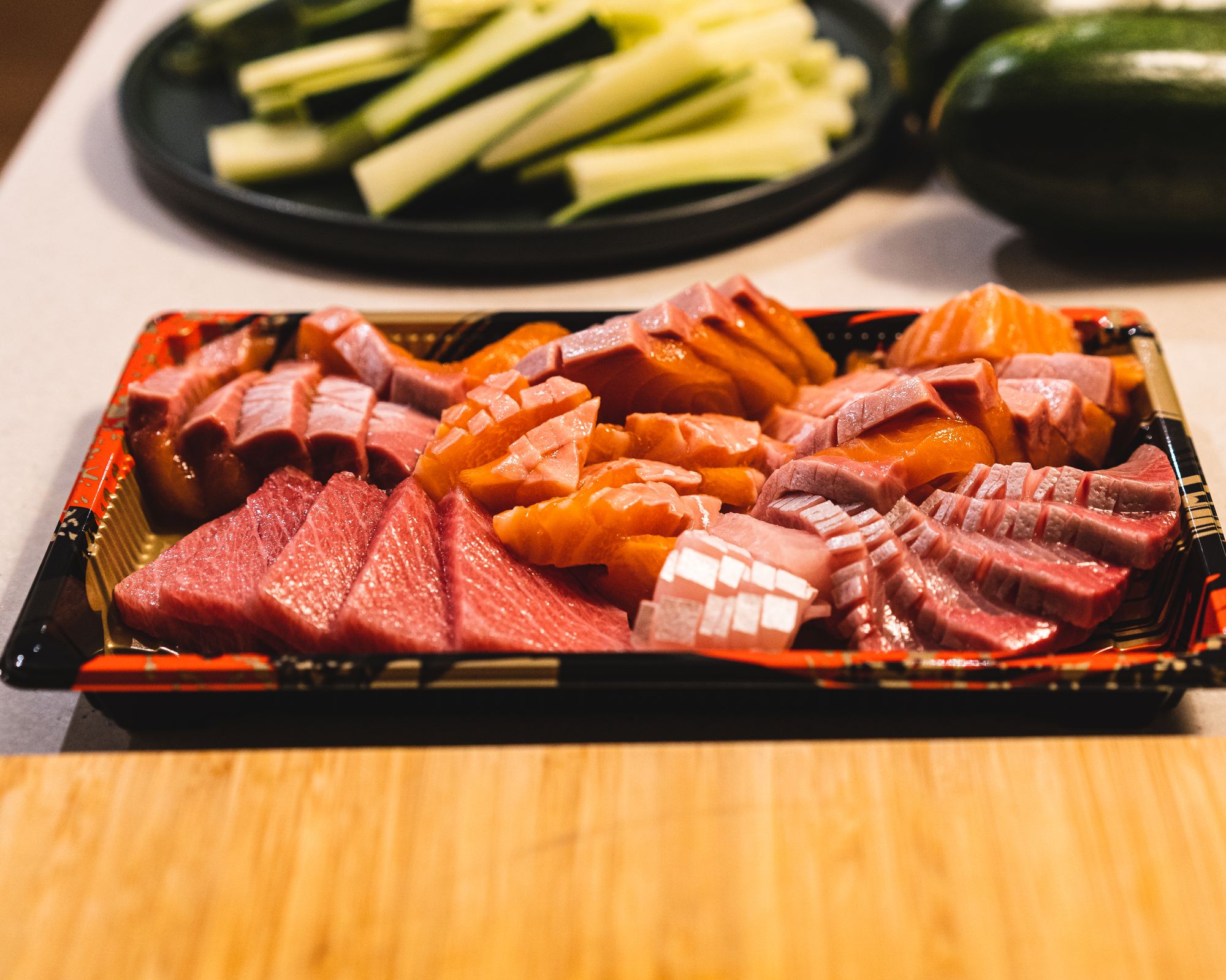 Plate of sashimi - toro, salmon, yellowtail and salmon belly