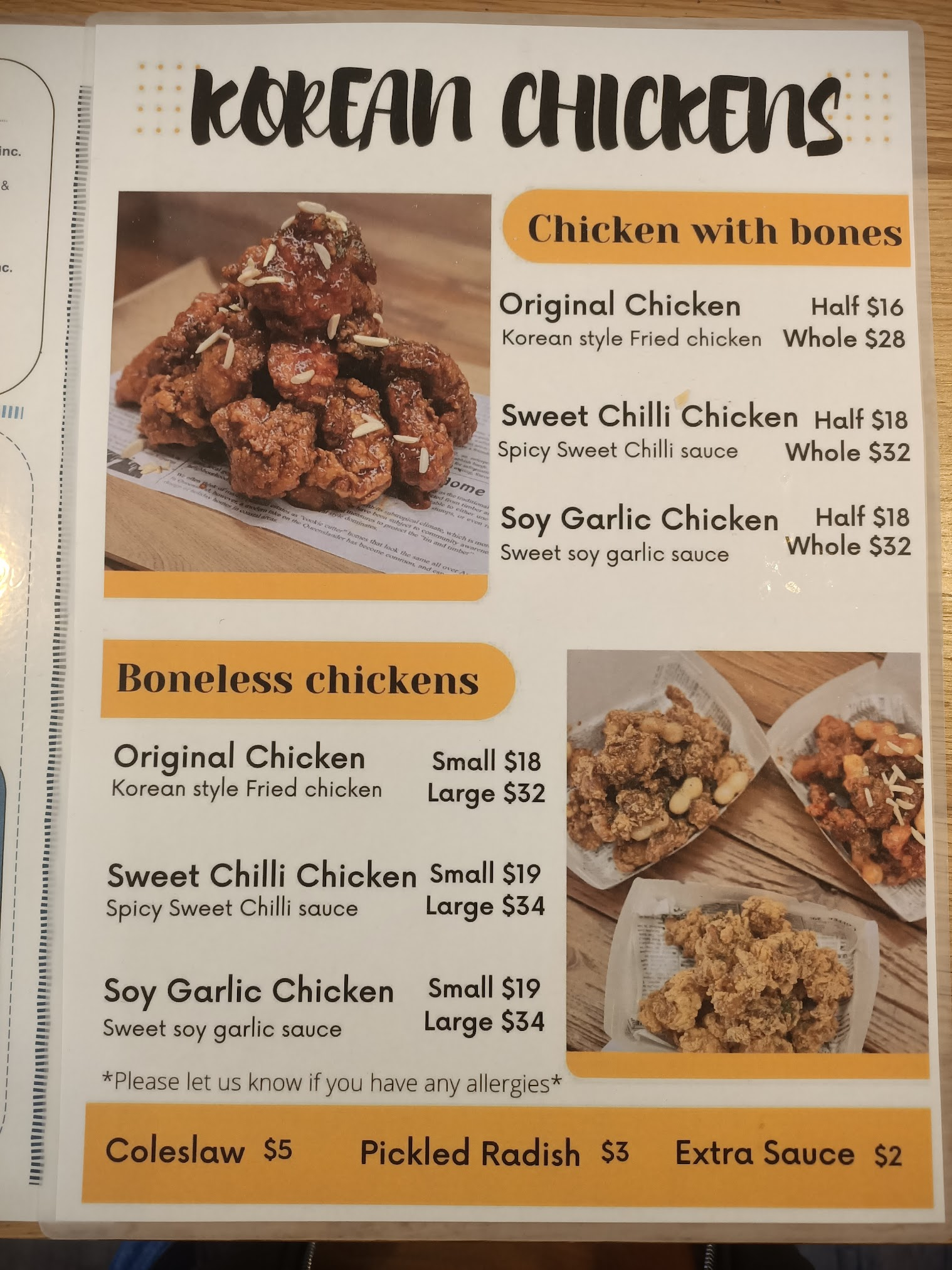 Korean fried chicken menu at Jinny&Co