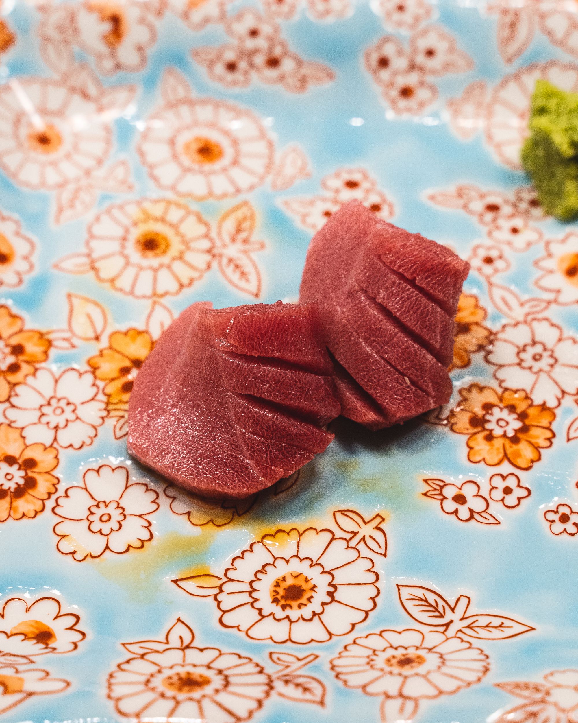 Close up of toro sashimi with beautiful marbling