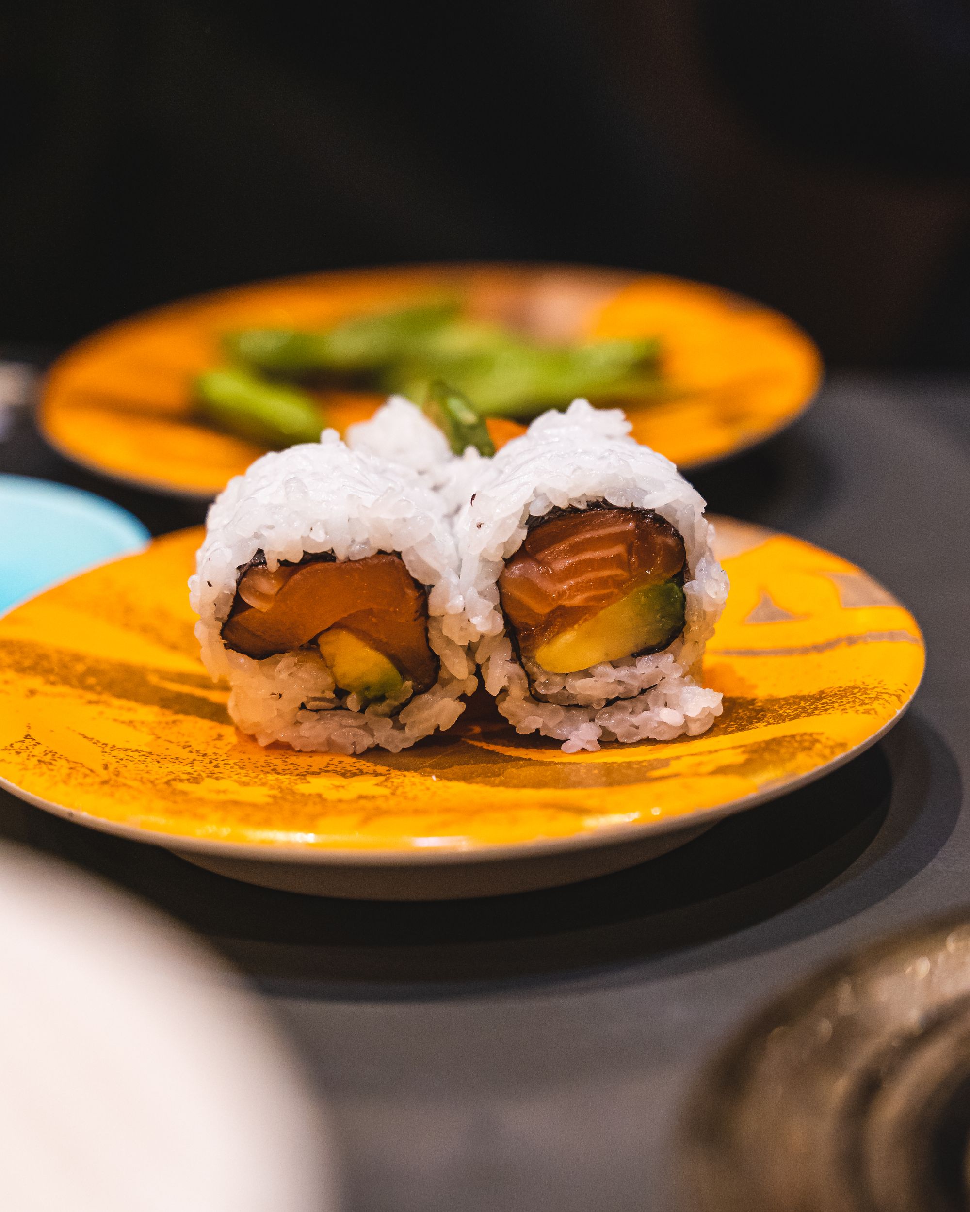 Close up of salmon avocado sushi