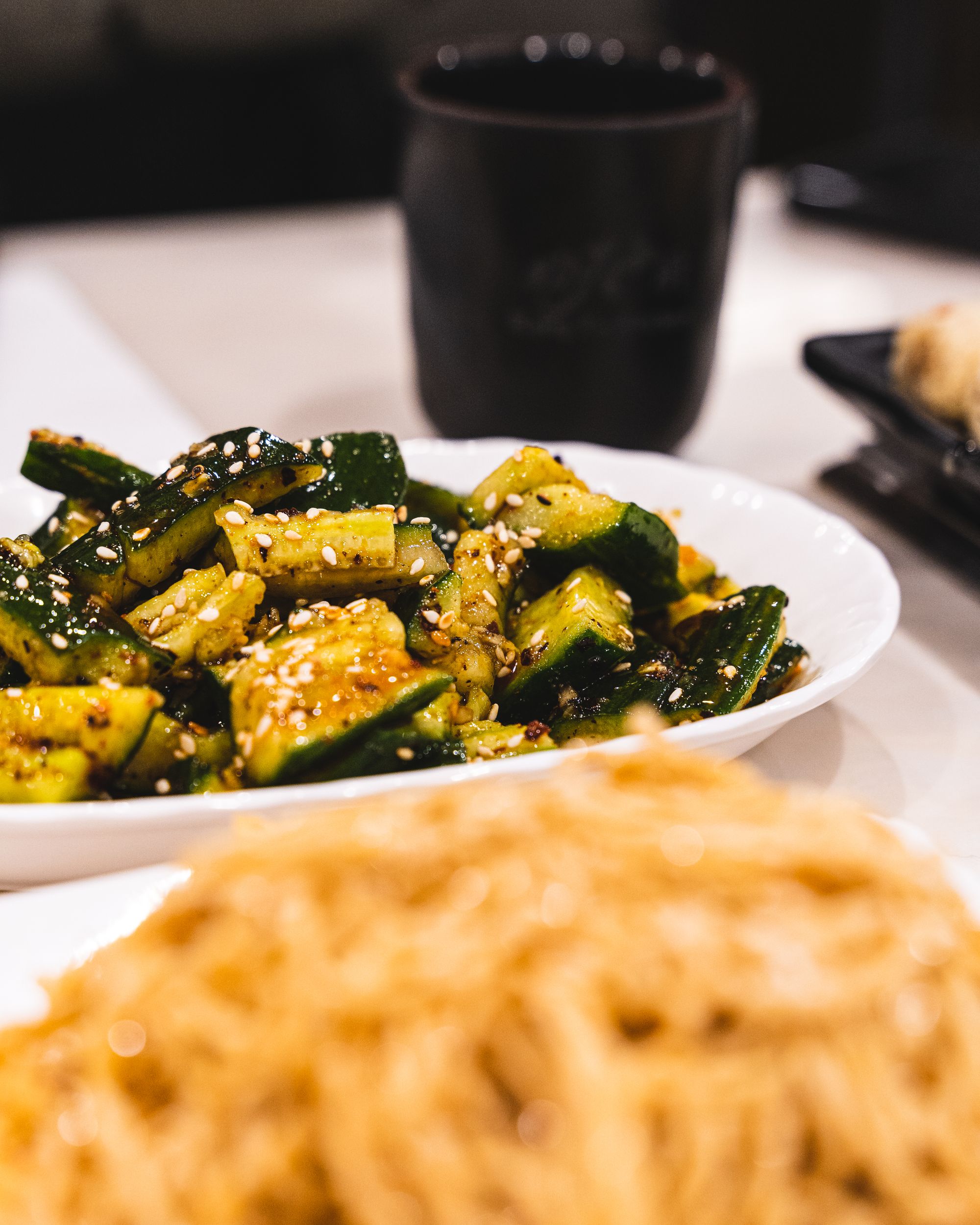 Close up of Chinese cucumber salad with chilli