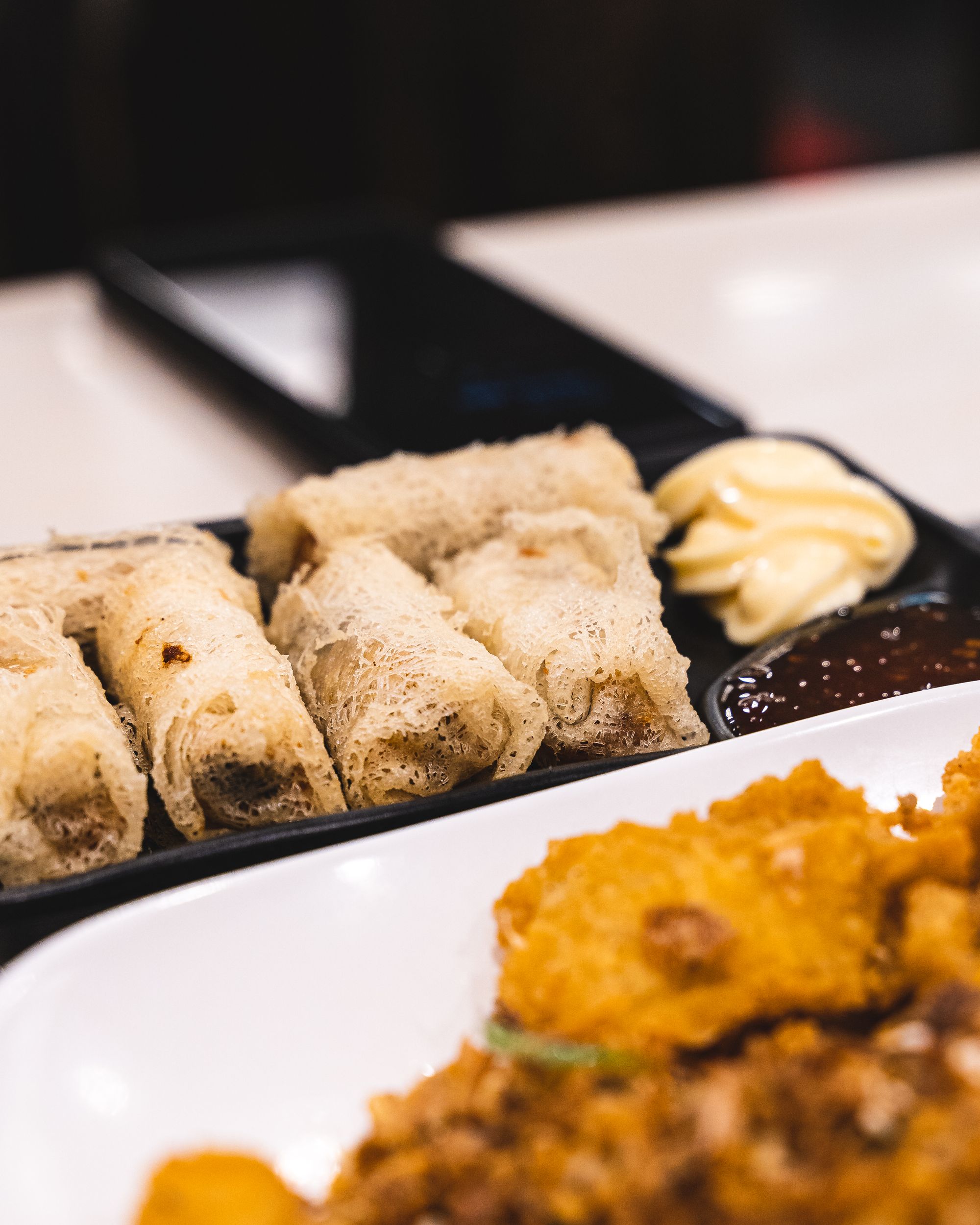 Close up of prawn spring rolls