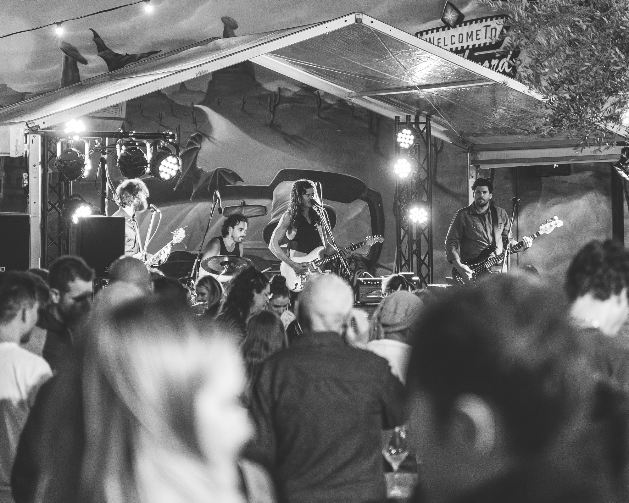 Black and white photo of band playing