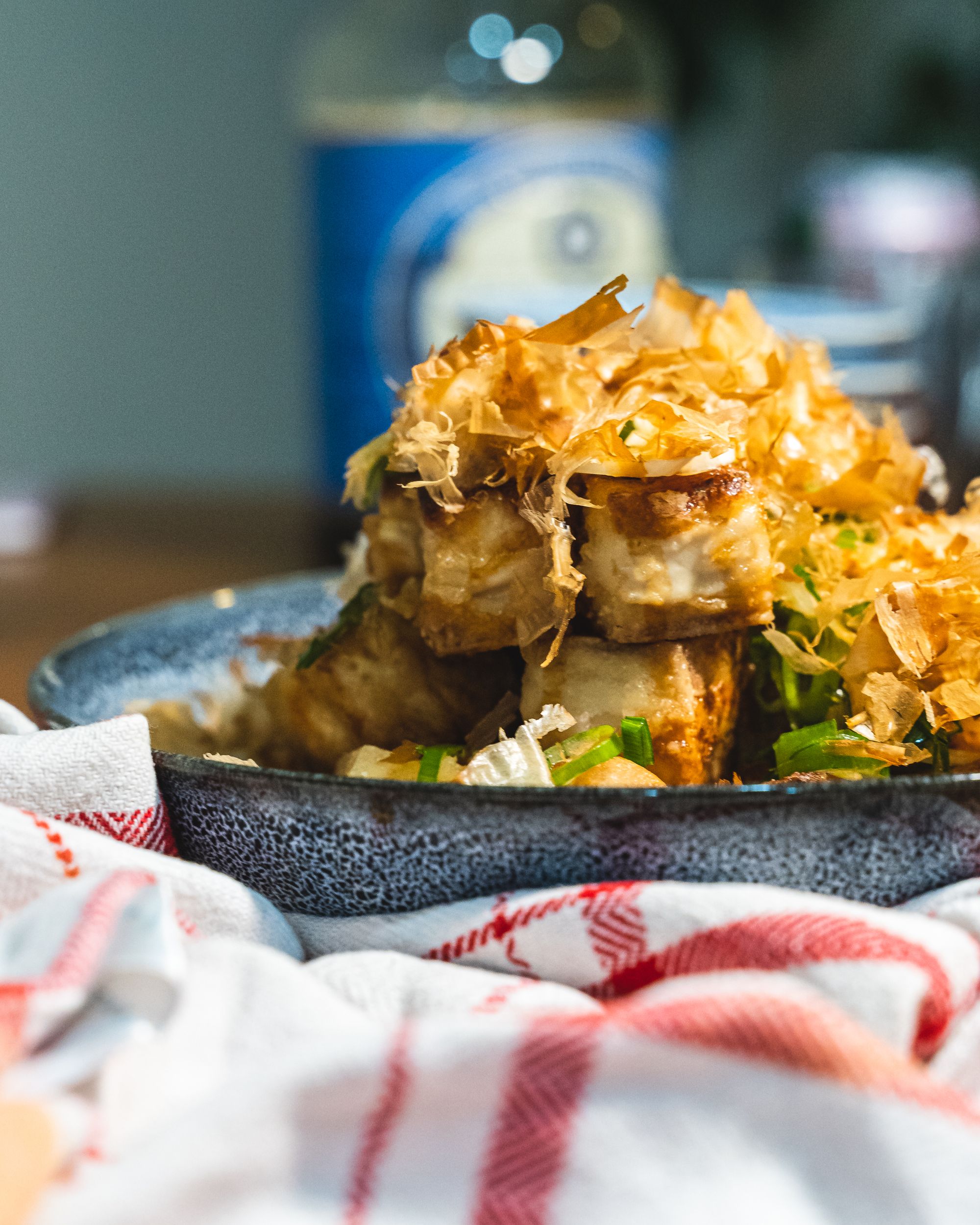 Close of up agedashi tofu piled up on a plate