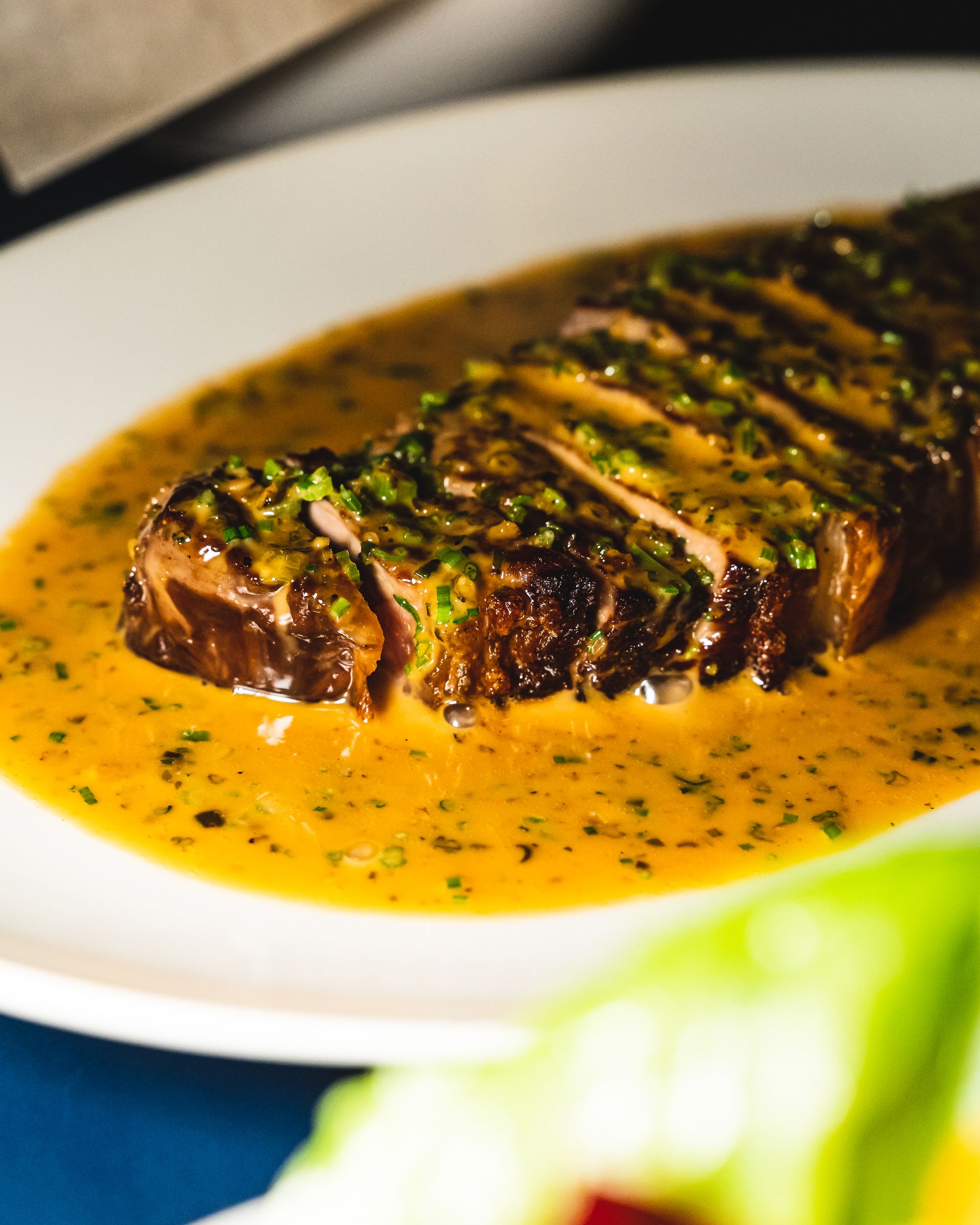 Close up of steak with peppercorn sauce