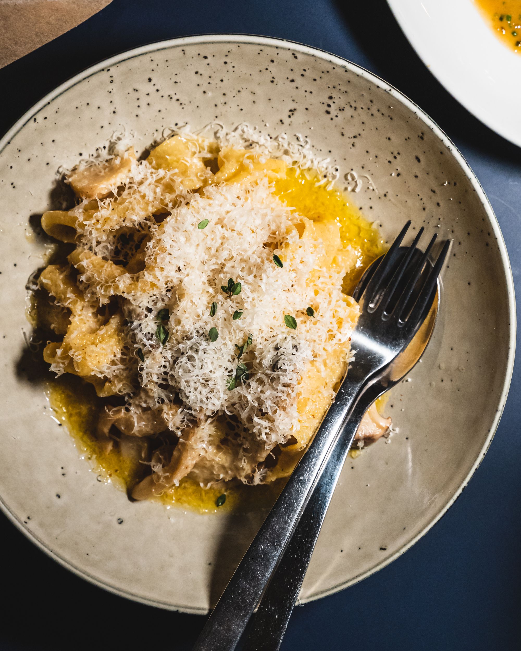 Close up of pasta with mushroom and shaved cheese