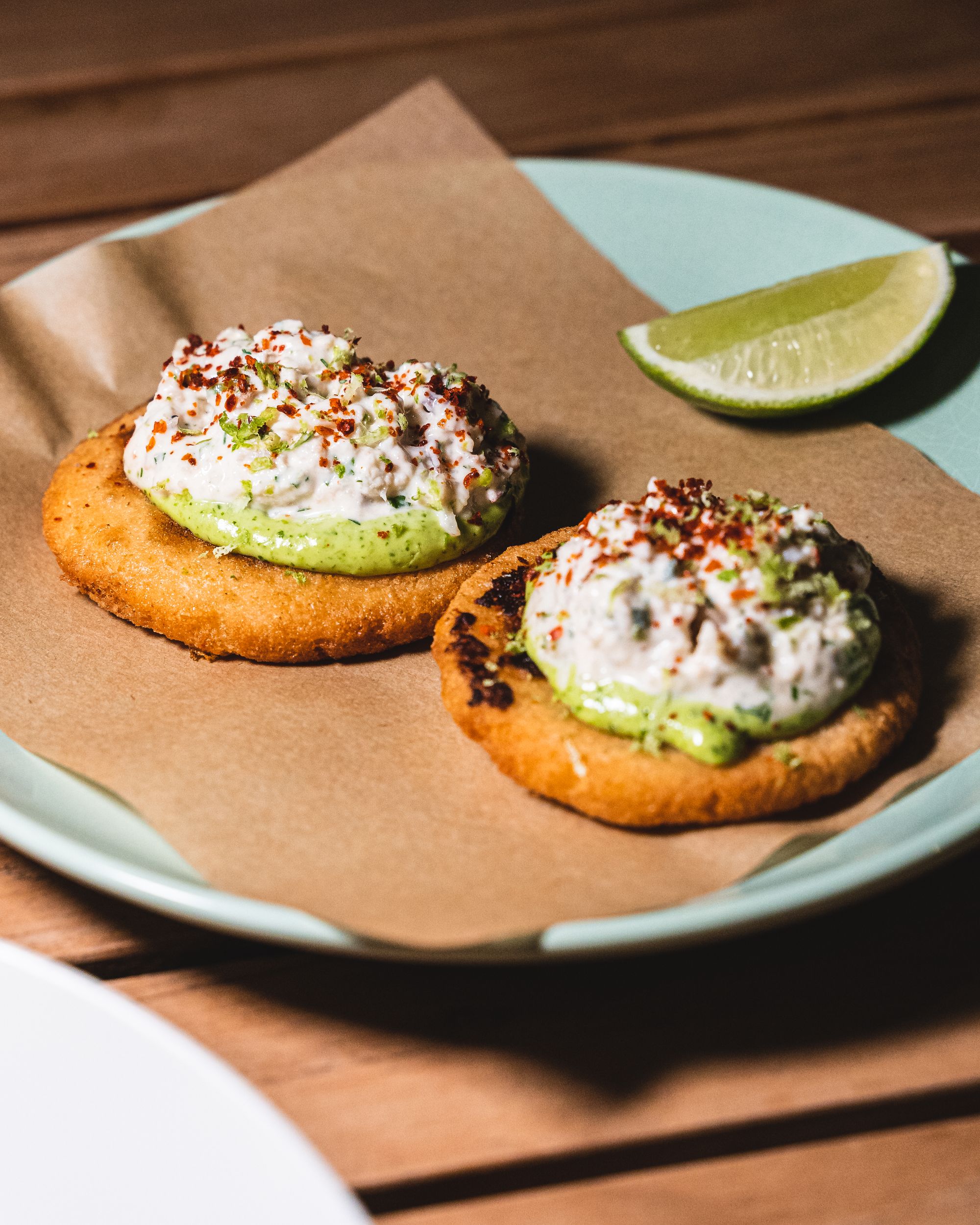 Close up of arepas with crab meat