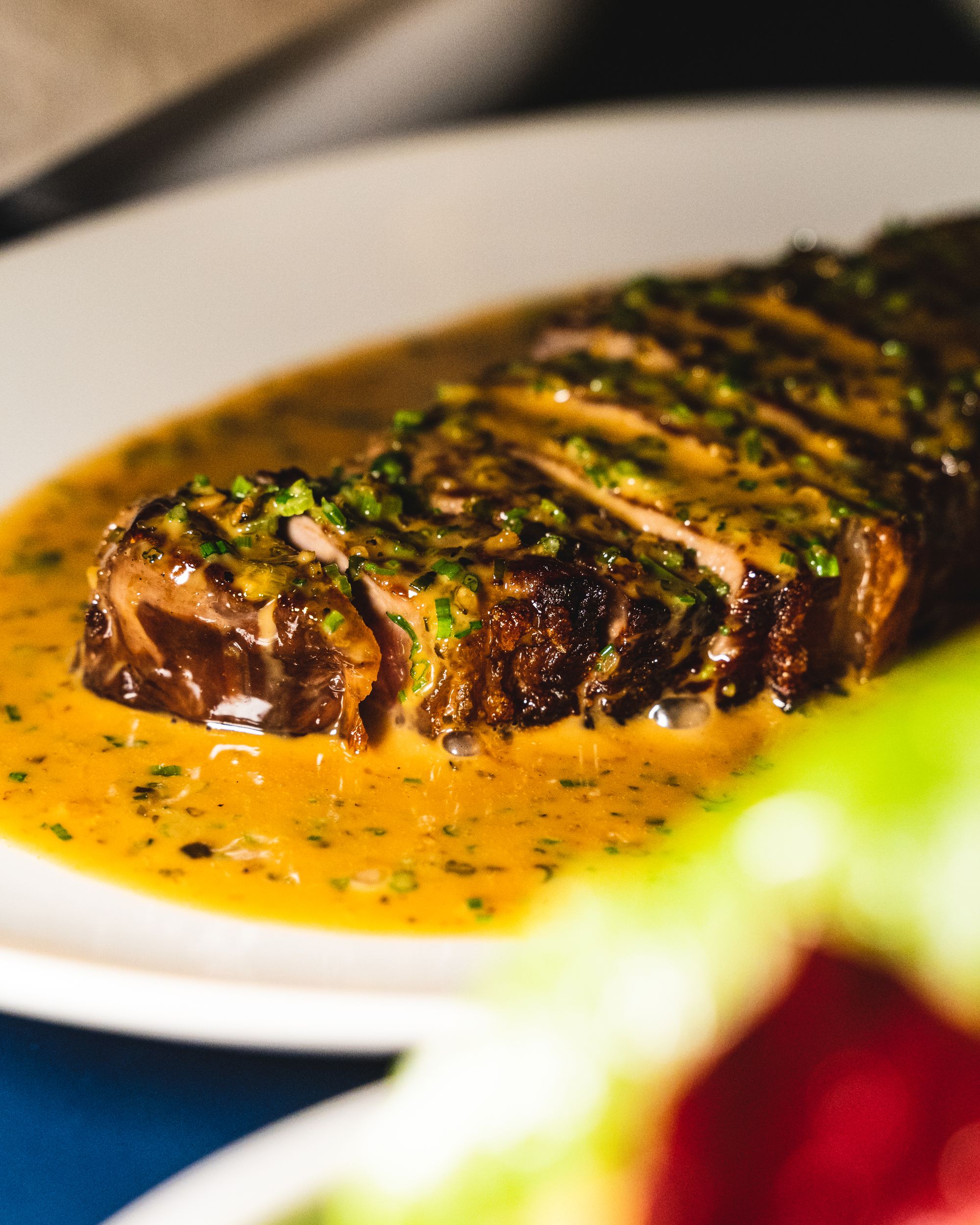 Close up of steak in a peppercorn sauce