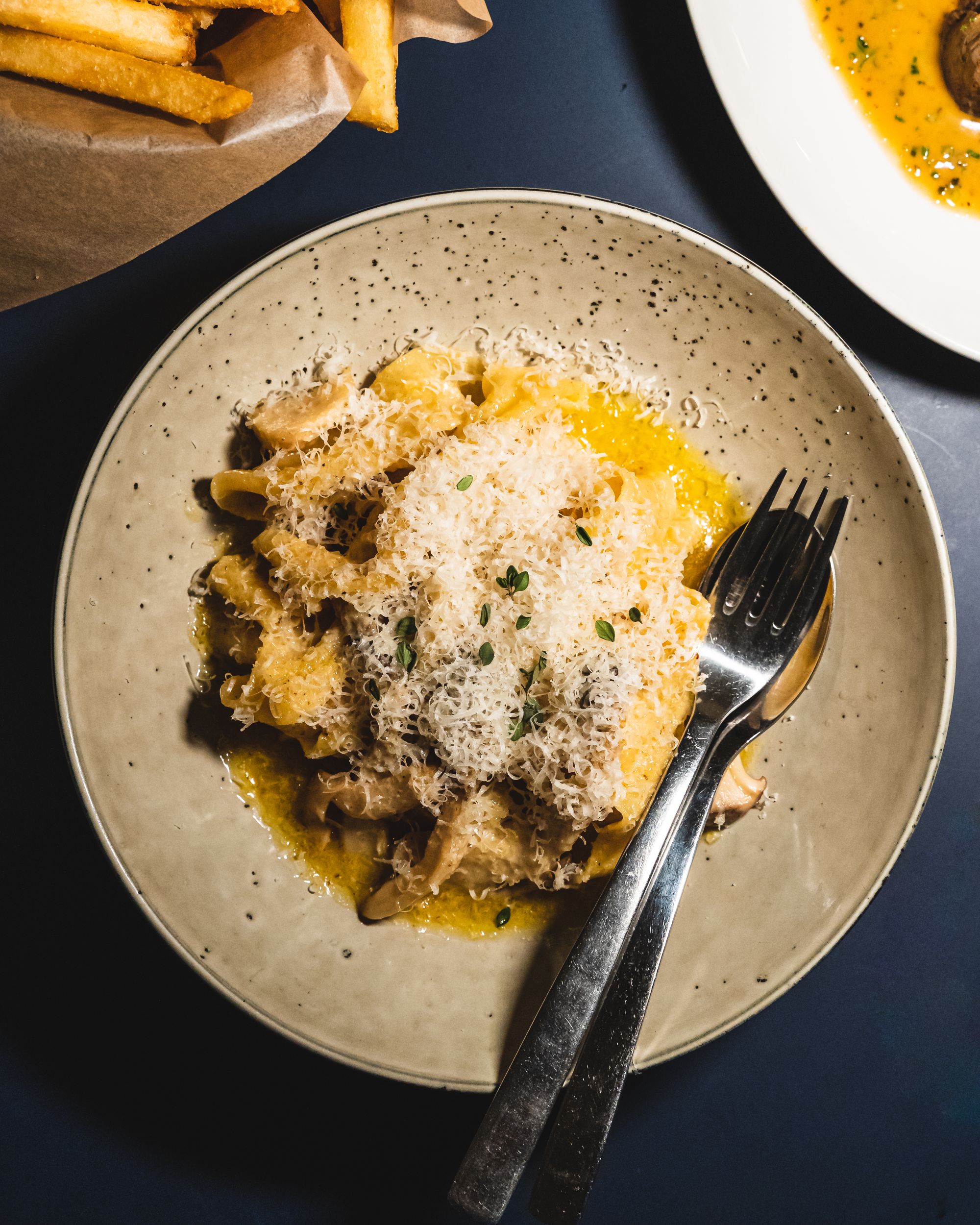 Top down shot of mushroom pasta