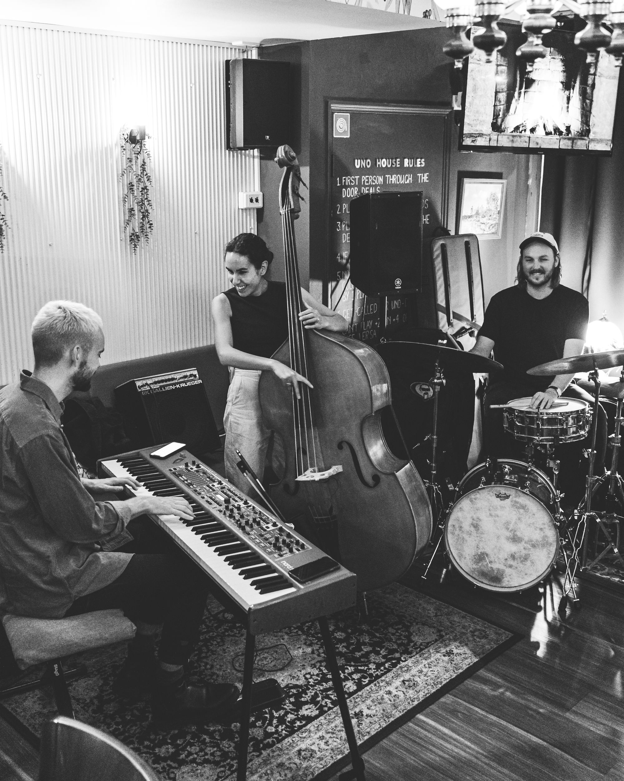 Black and white photo of jazz band playing