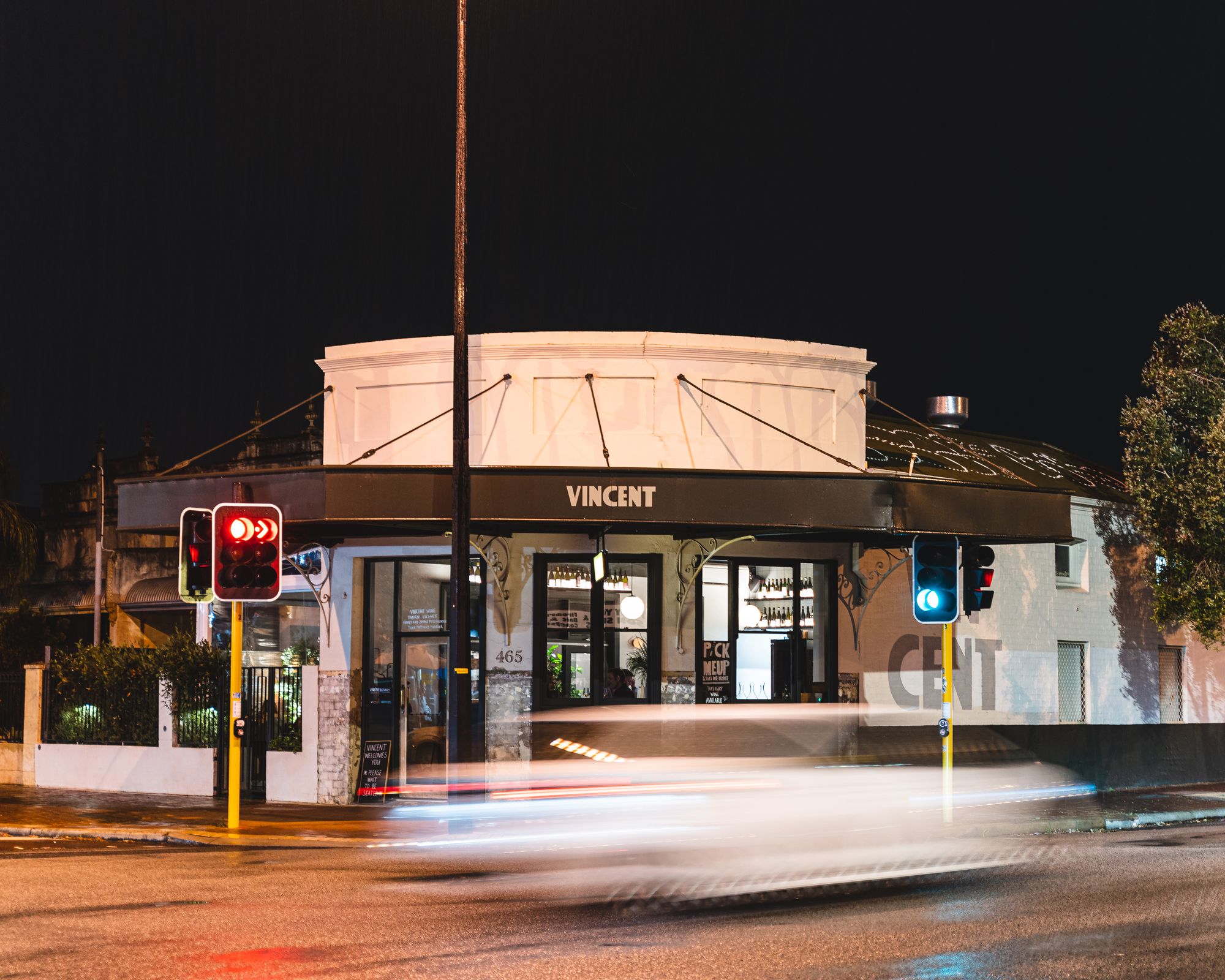 Vincent Wine exterior at night