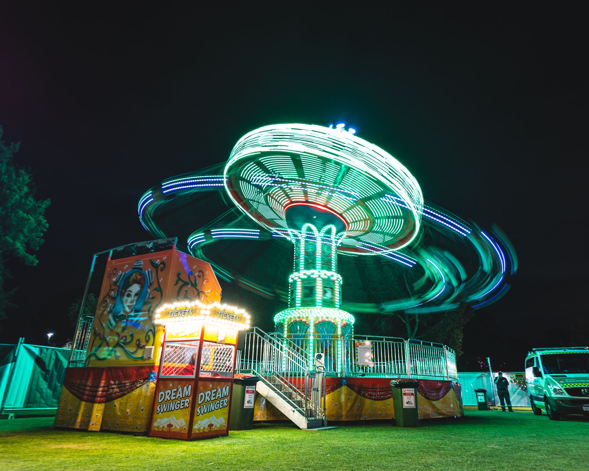 Wide long exposure shot of amusement park ride