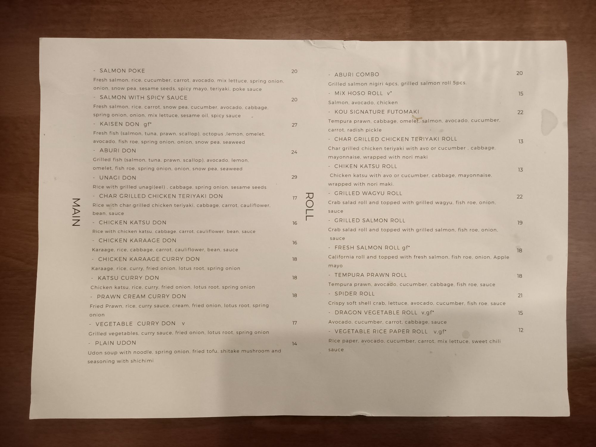 Kou Sushi menu