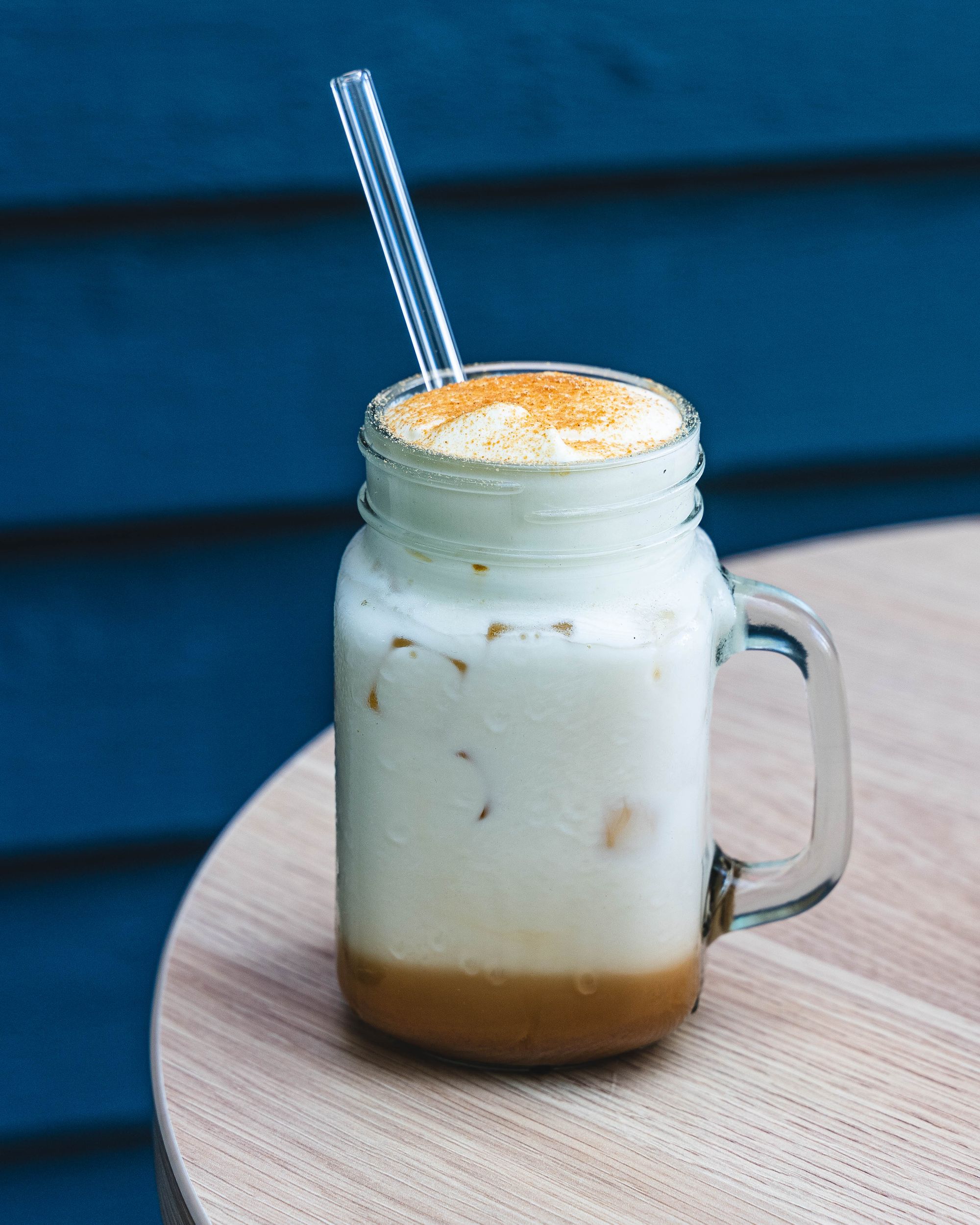 Injeolmi latte with glass straw