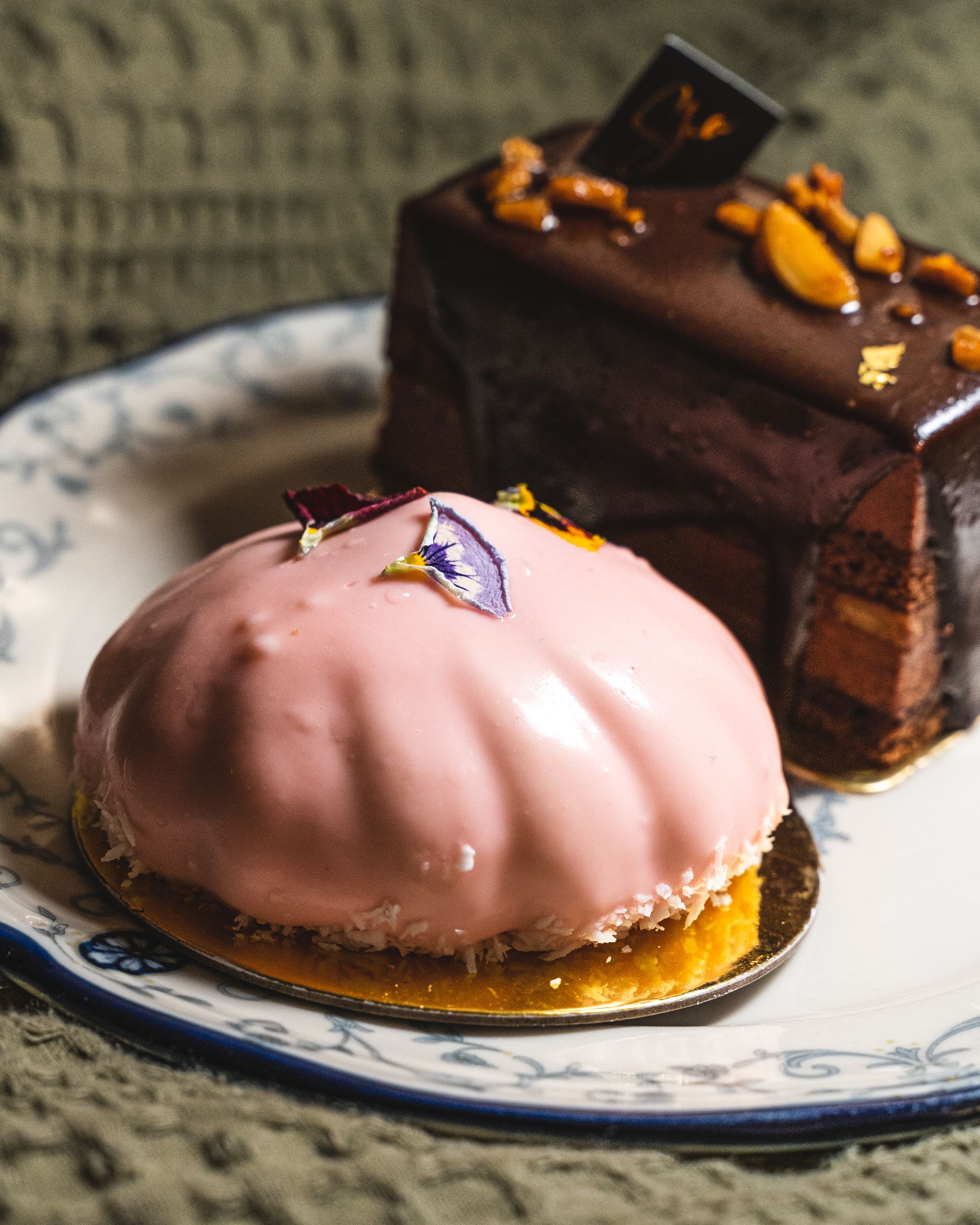 Strawberry lychee mousse and chocolate cake