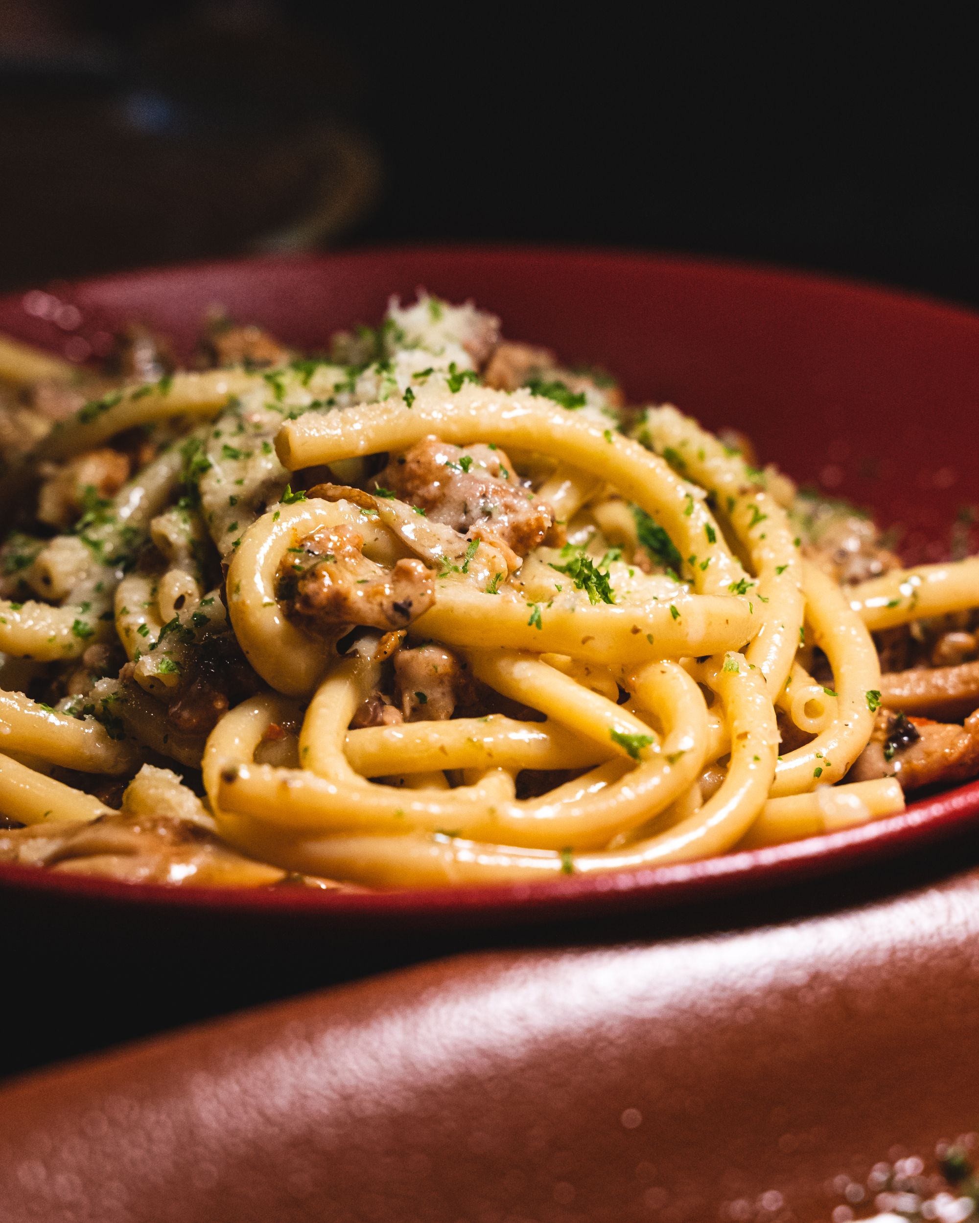 Close up of bucatini pasta