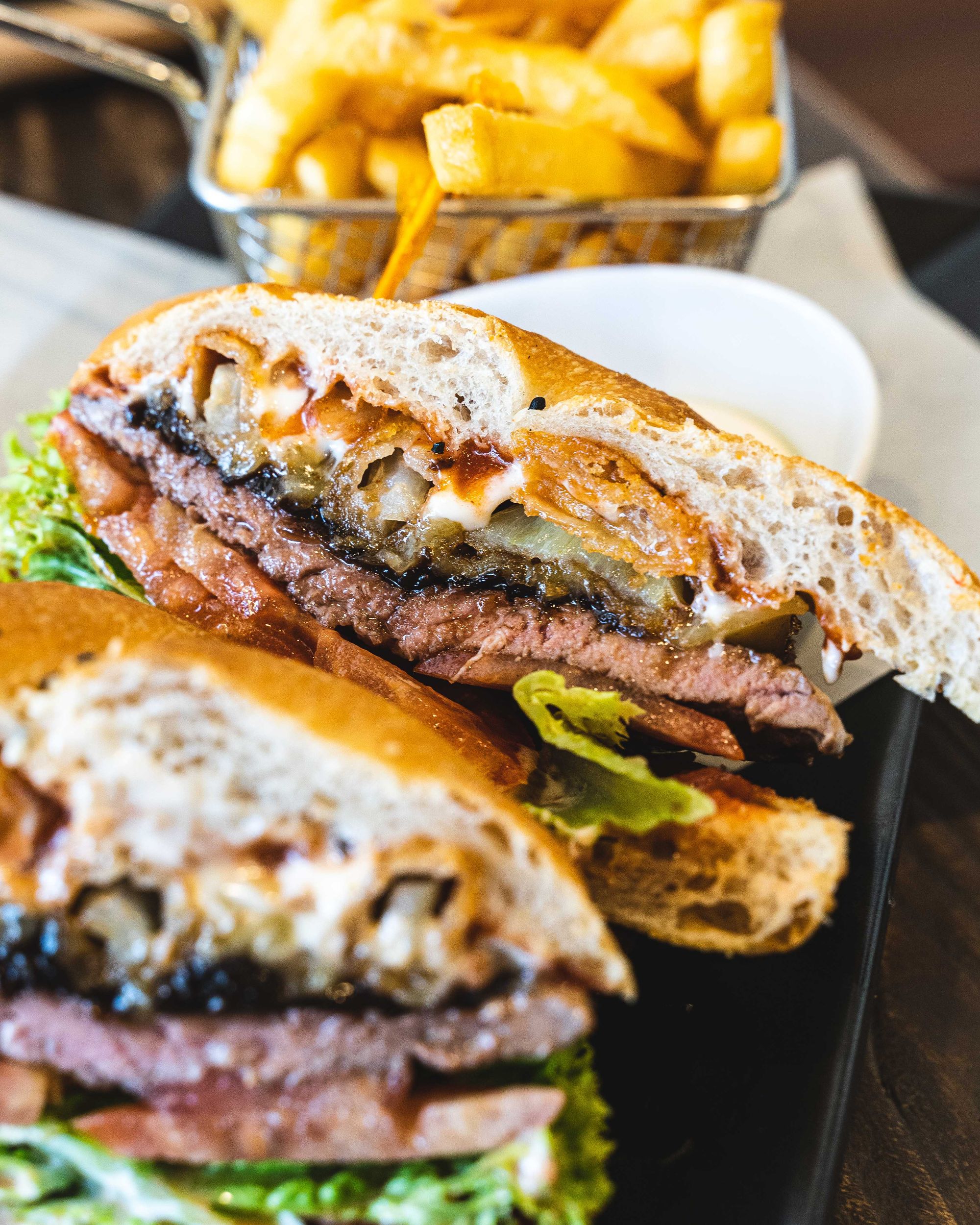 Close up of steak sandwich