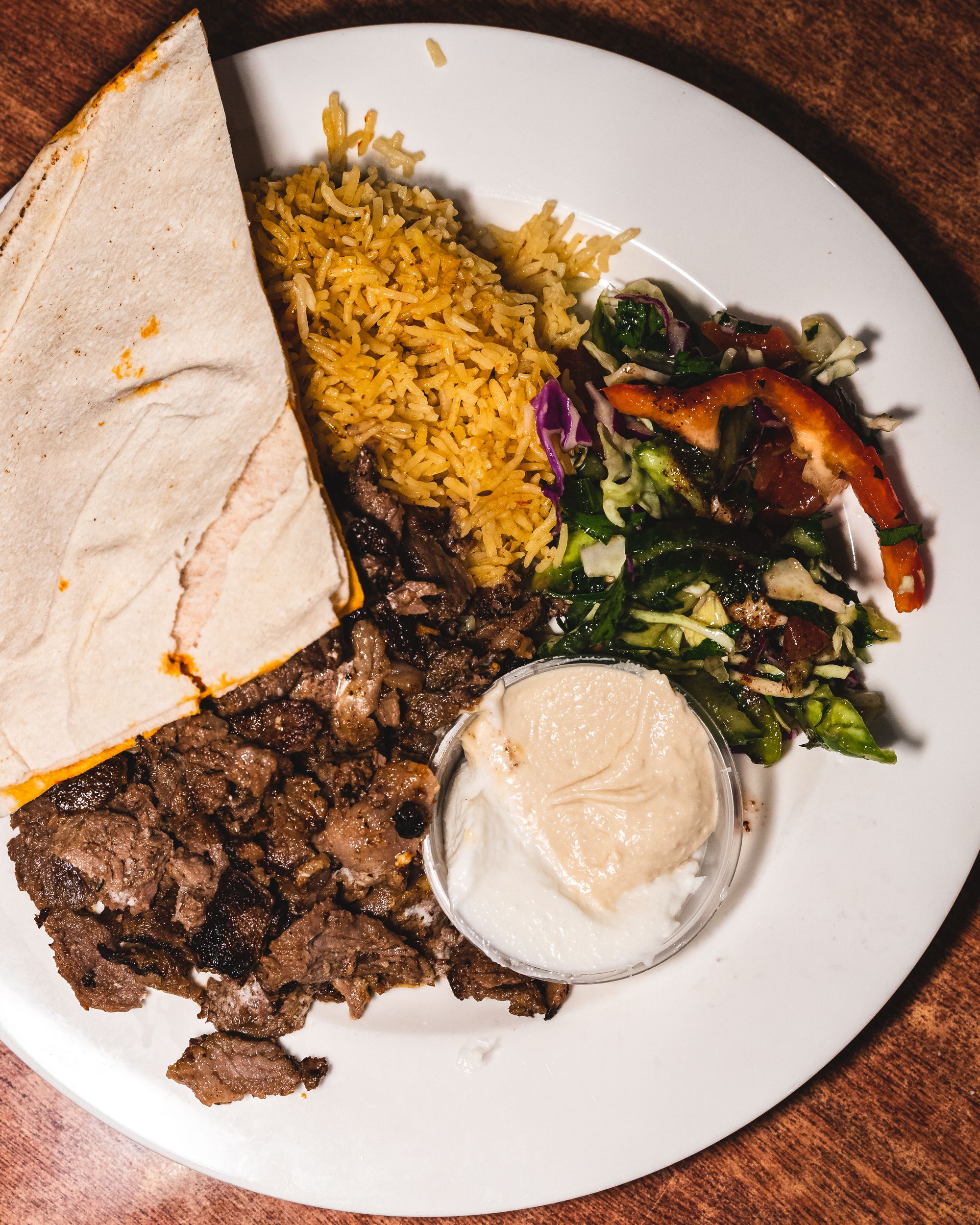 Shredded lamb, garlic sauce, briyani rice and flatbread