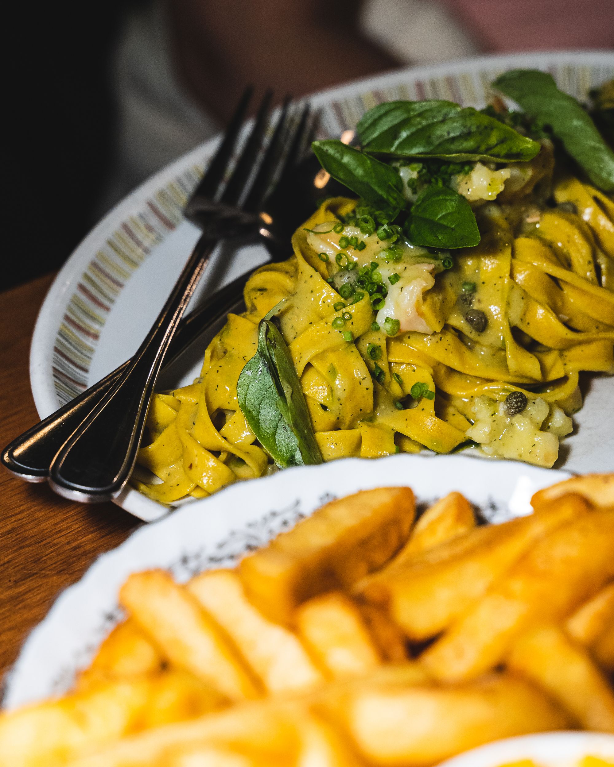 Close up of pasta with prawn