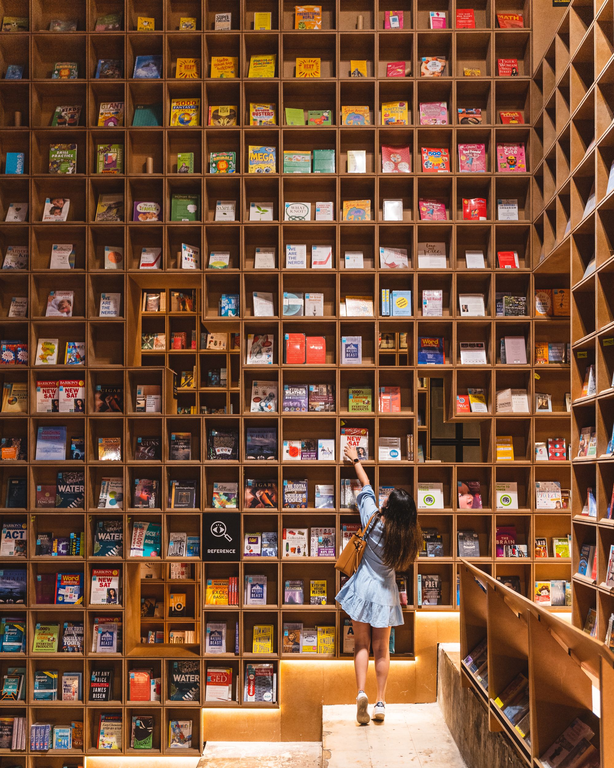 Girl reaching up a bookshelf on her toes