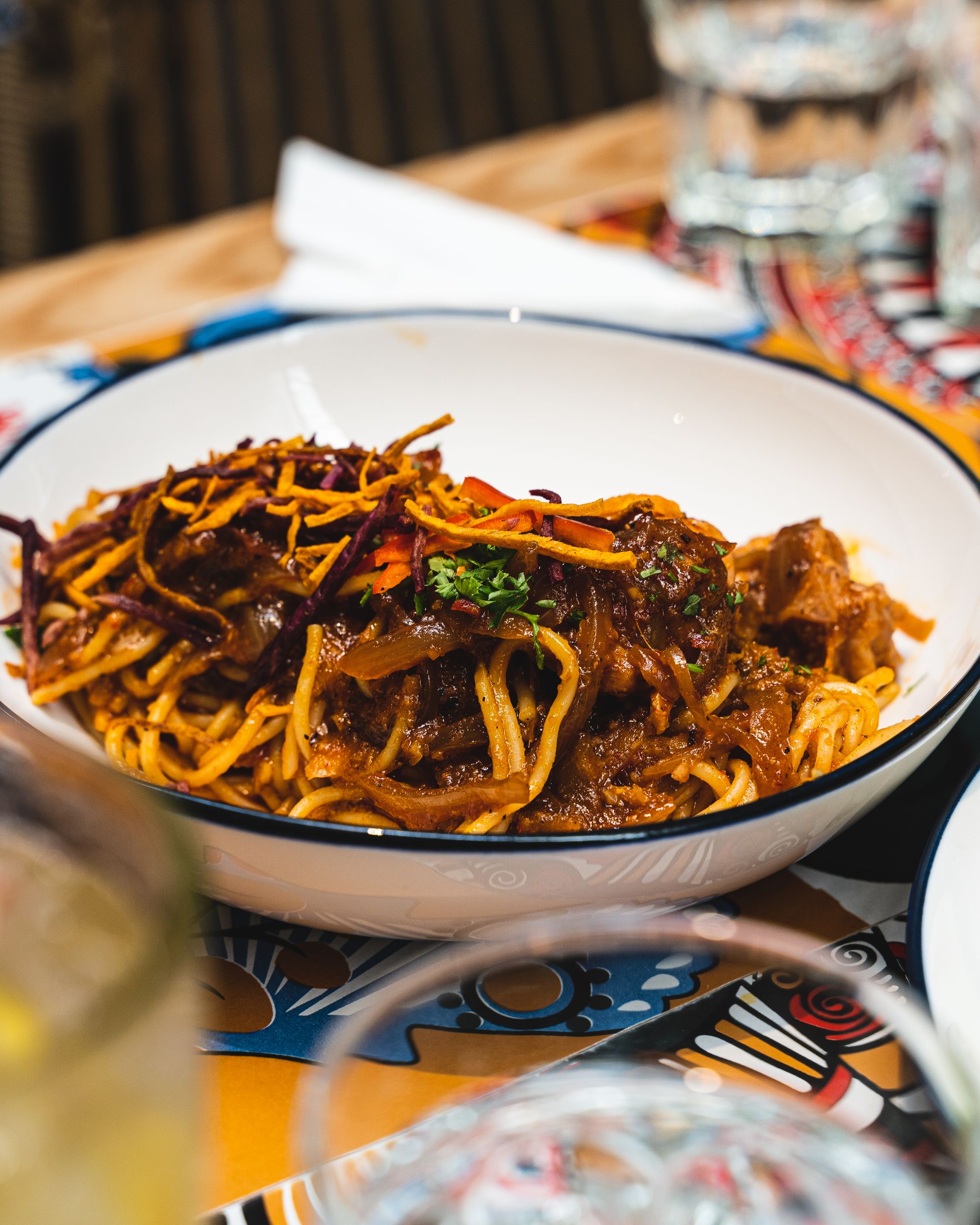 stir fried spaghetti with Malaysian chicken rendang