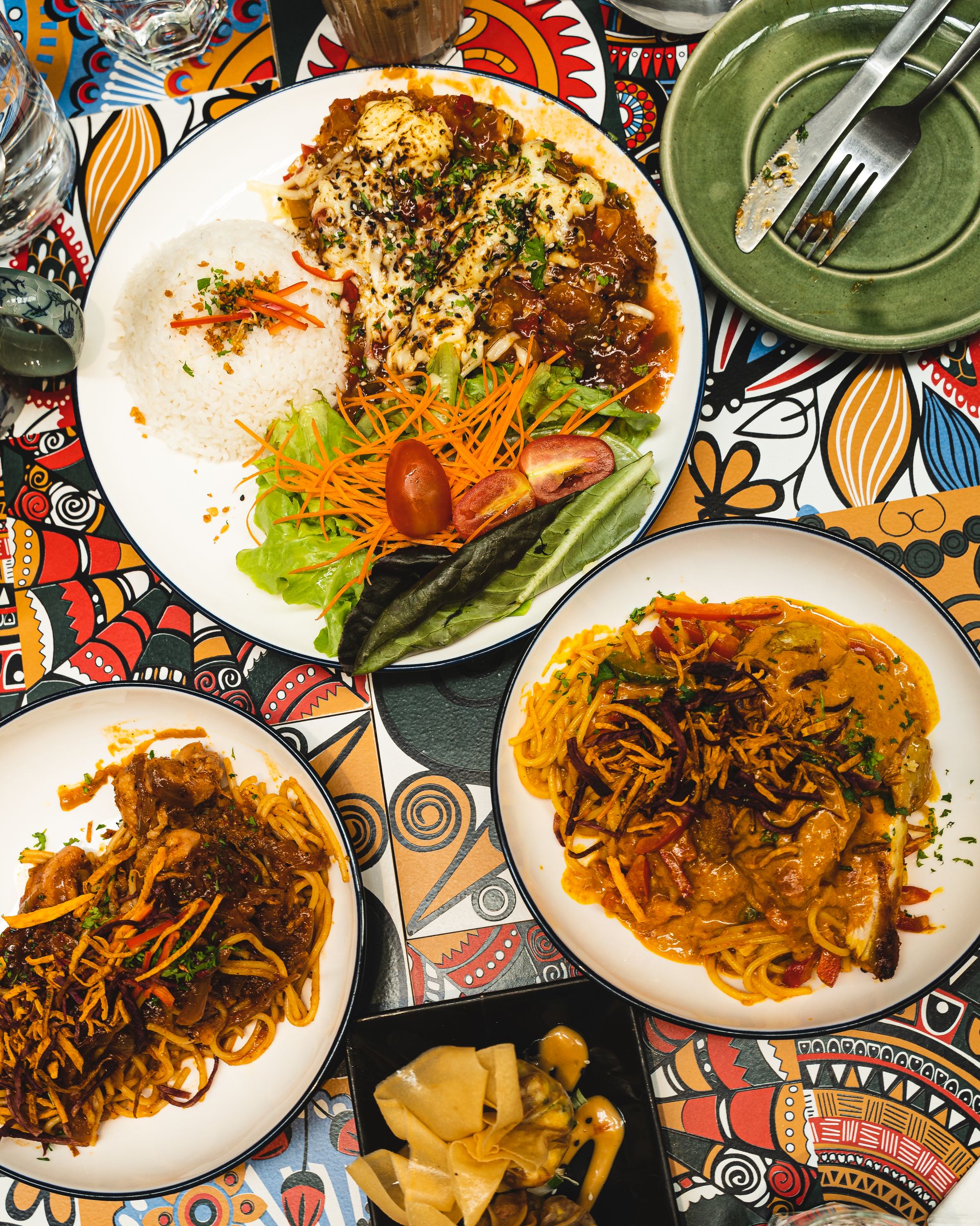 Chicken chop rice with tiga rasa, spaghetti ayam percik, spaghetti rendang and ramly burger wontons