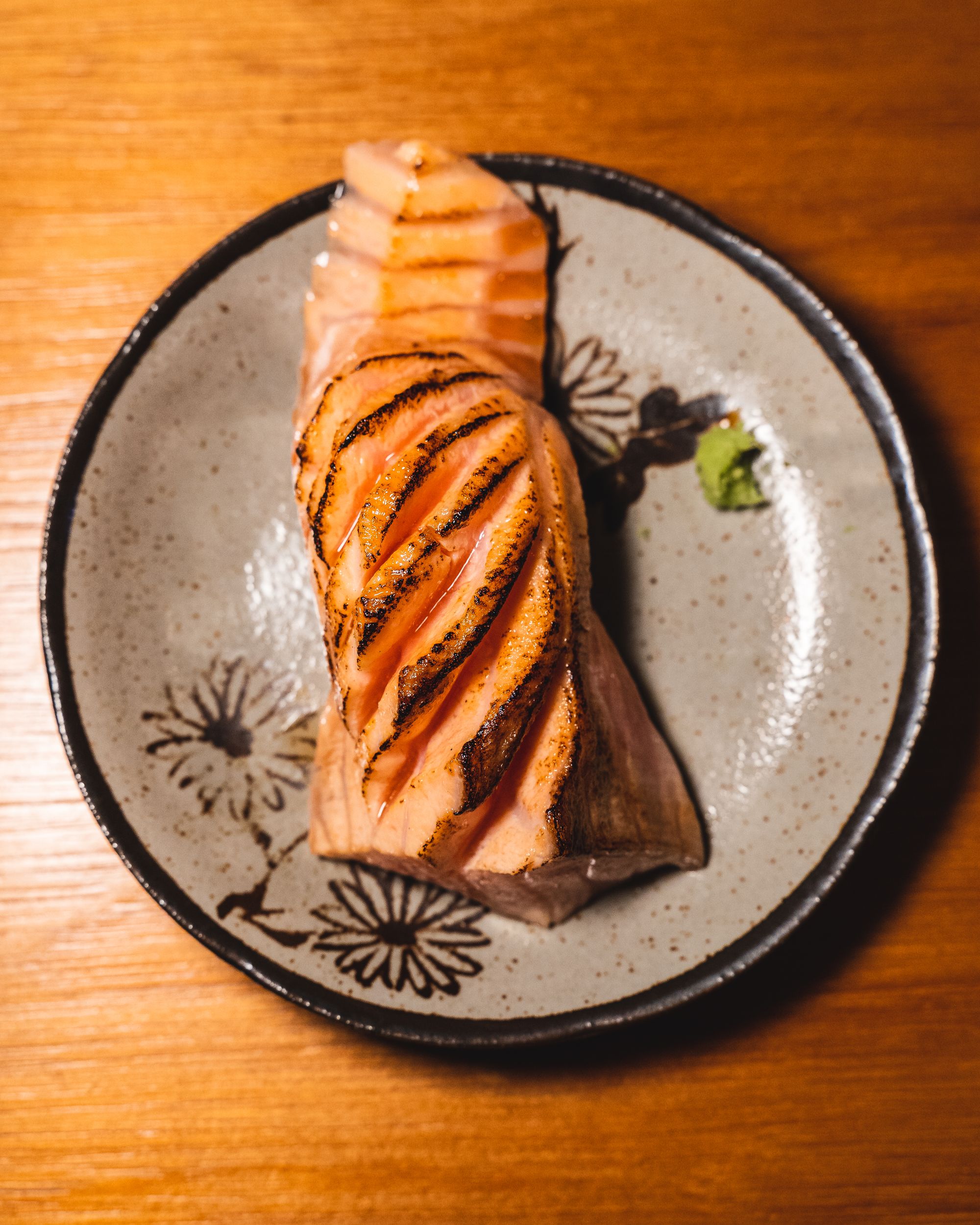 Top down shot of aburi salmon sushi