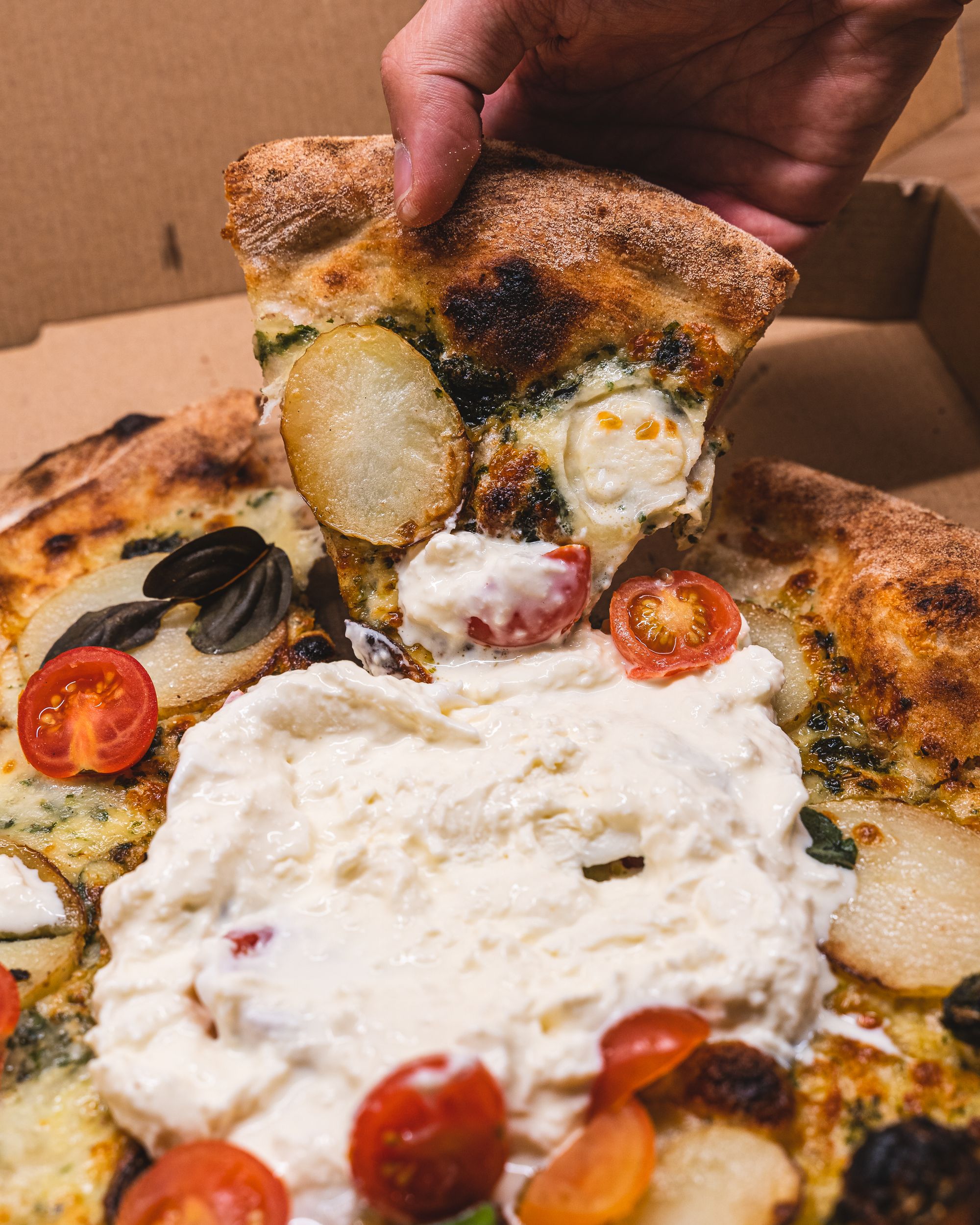 Close up of a hand holding up a slice of pizza with tomato, cherry tomato and burrata