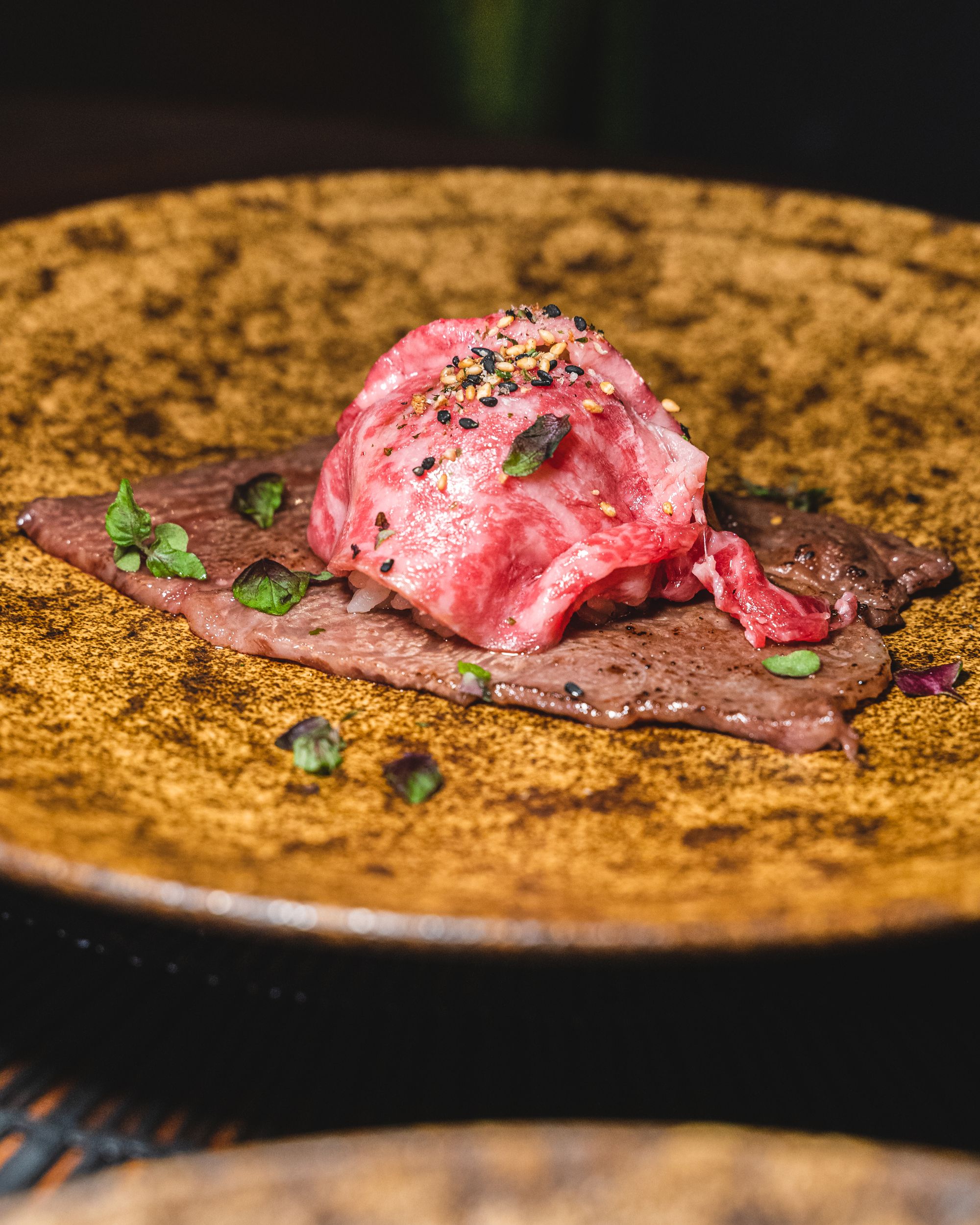 Close up of A5 wagyu with sesame seeds on top