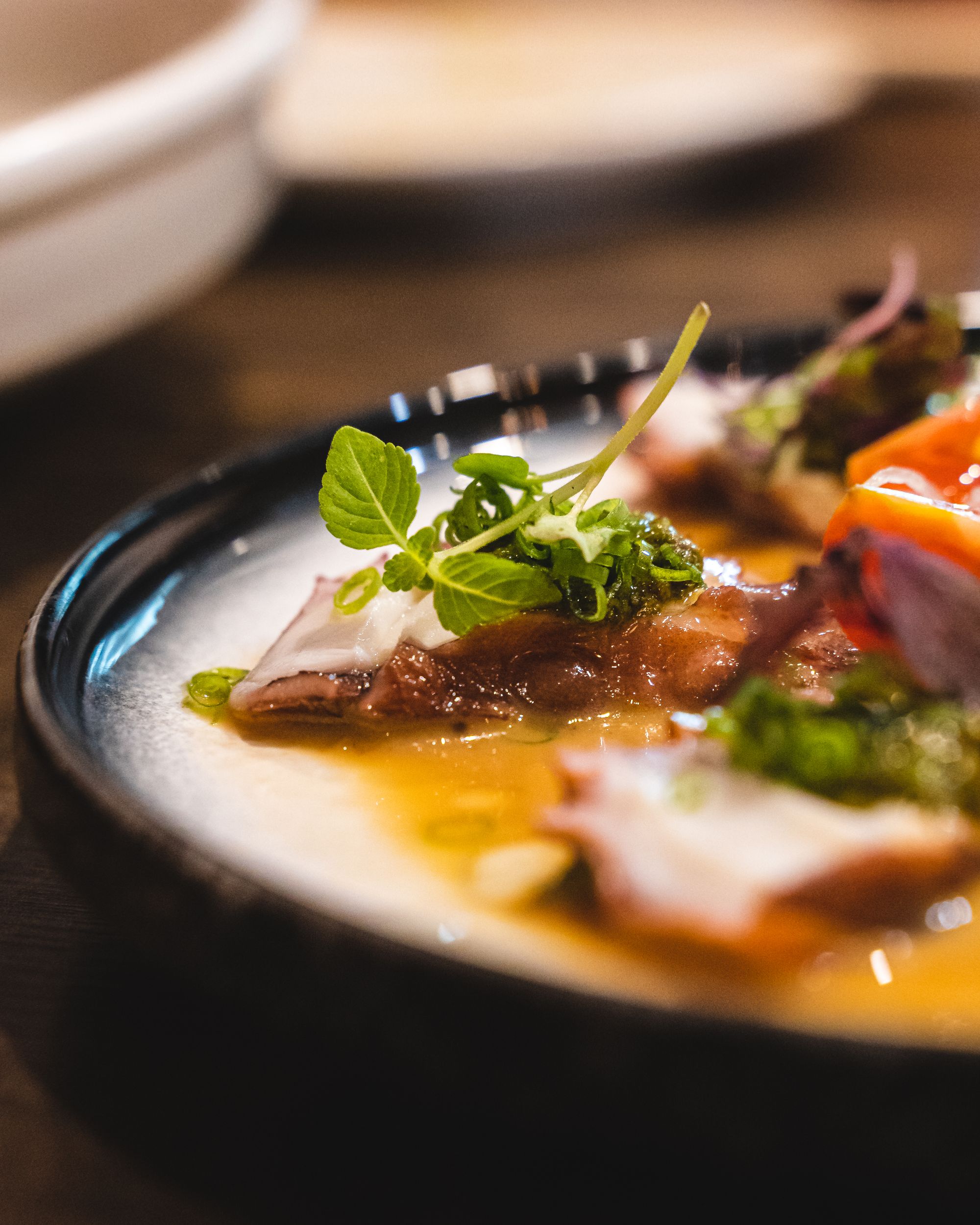 Close up of octopus with vinaigrette 