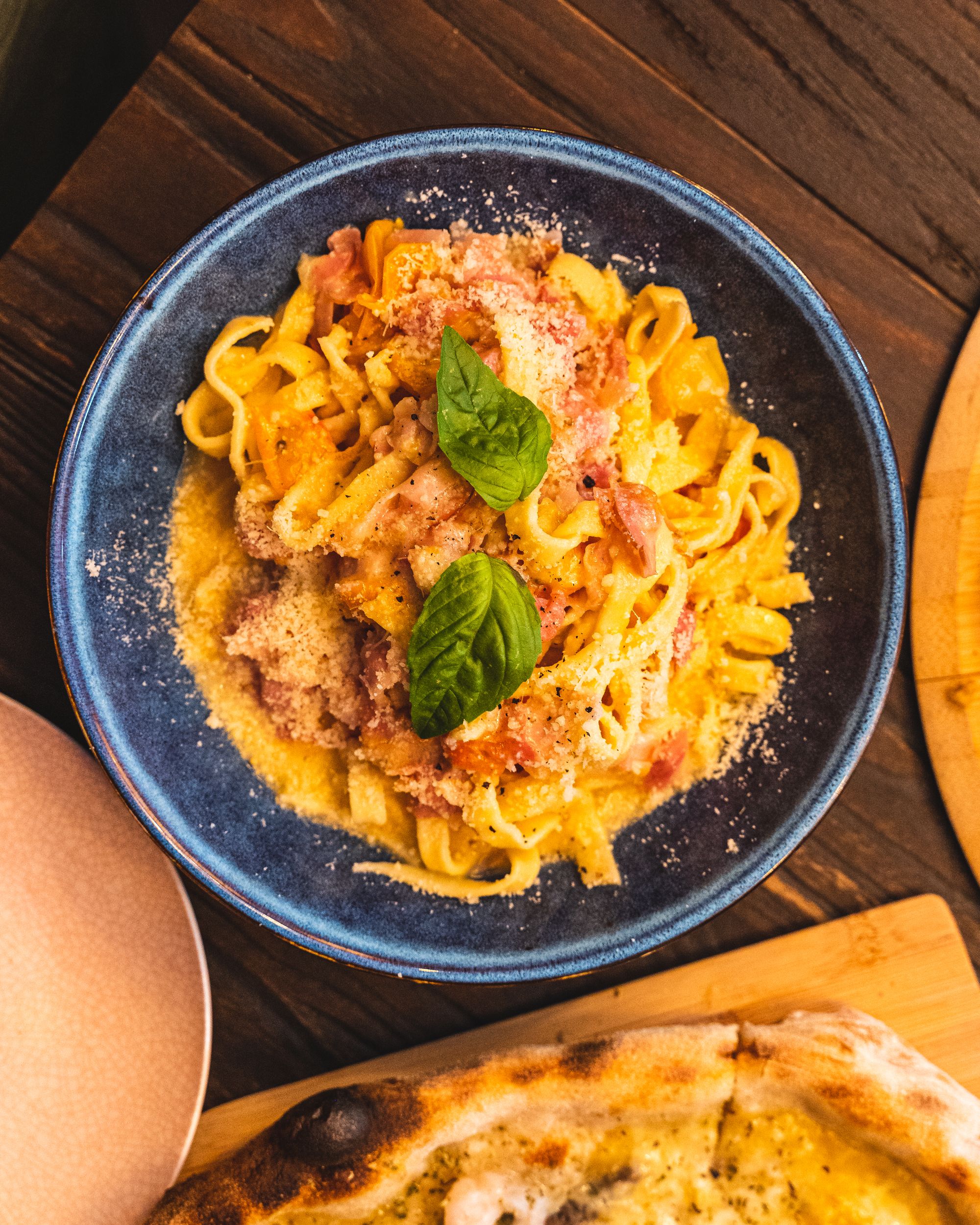 Top down shot of pasta with basil