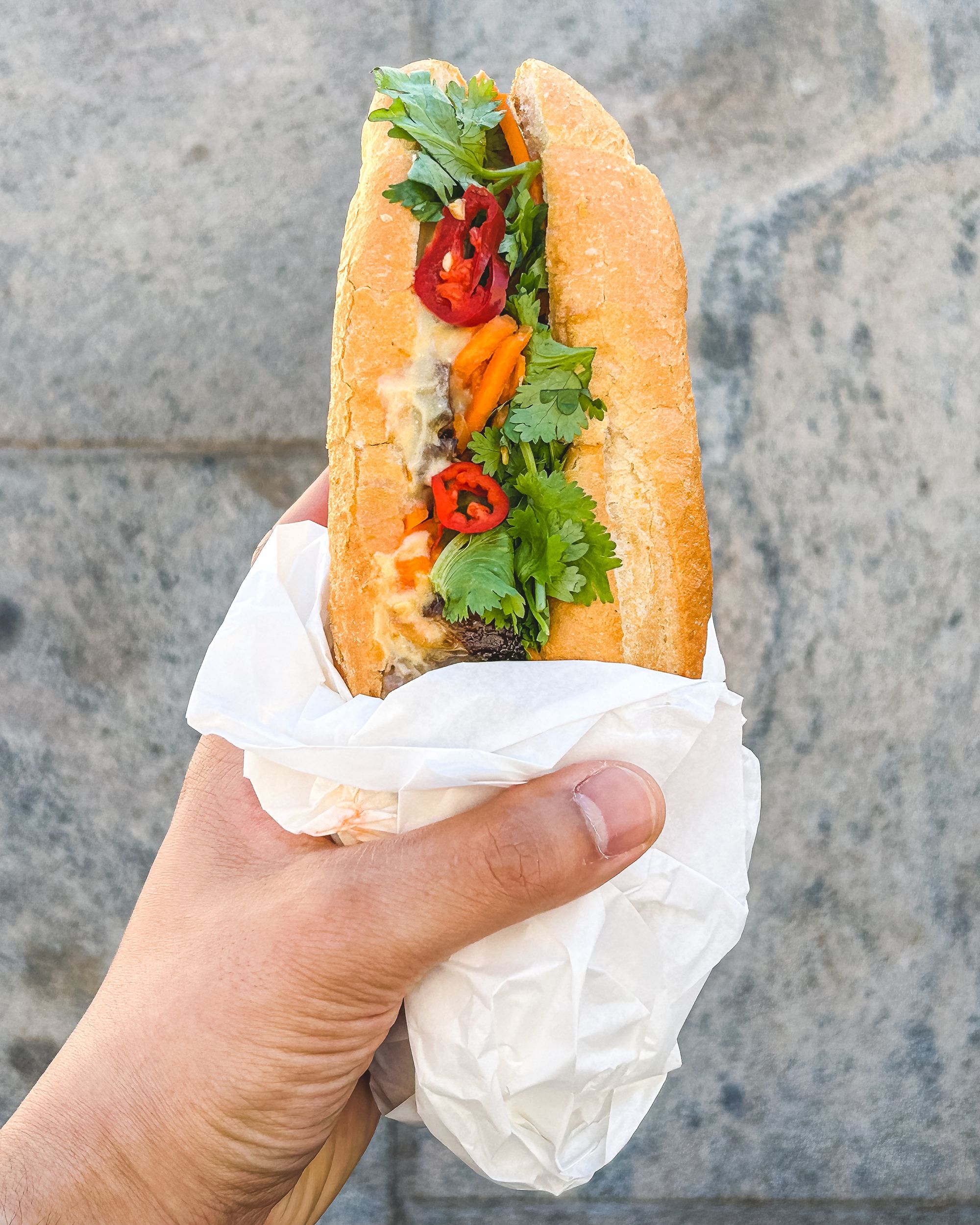 Hand holding banh mi with chilli and coriander showing